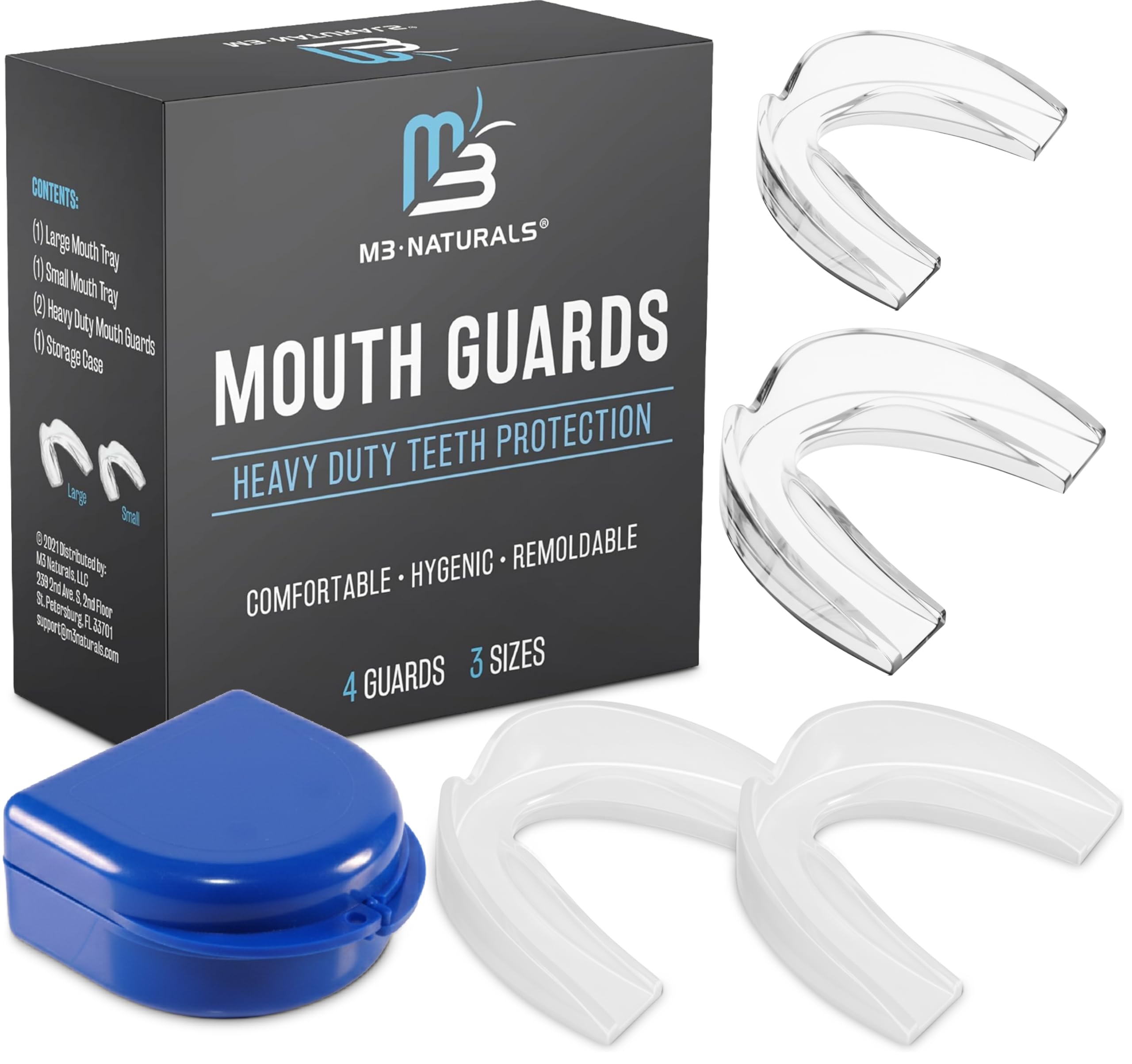 Dental Mouth Guards for Teeth Grinding & Clenching - Custom Fit Nighttime Protection Anti Teeth Grinding Guard for Sleeping for Adults & Kids - Includes 4 Total BPA Free Guards & 1 Case by M3 Naturals