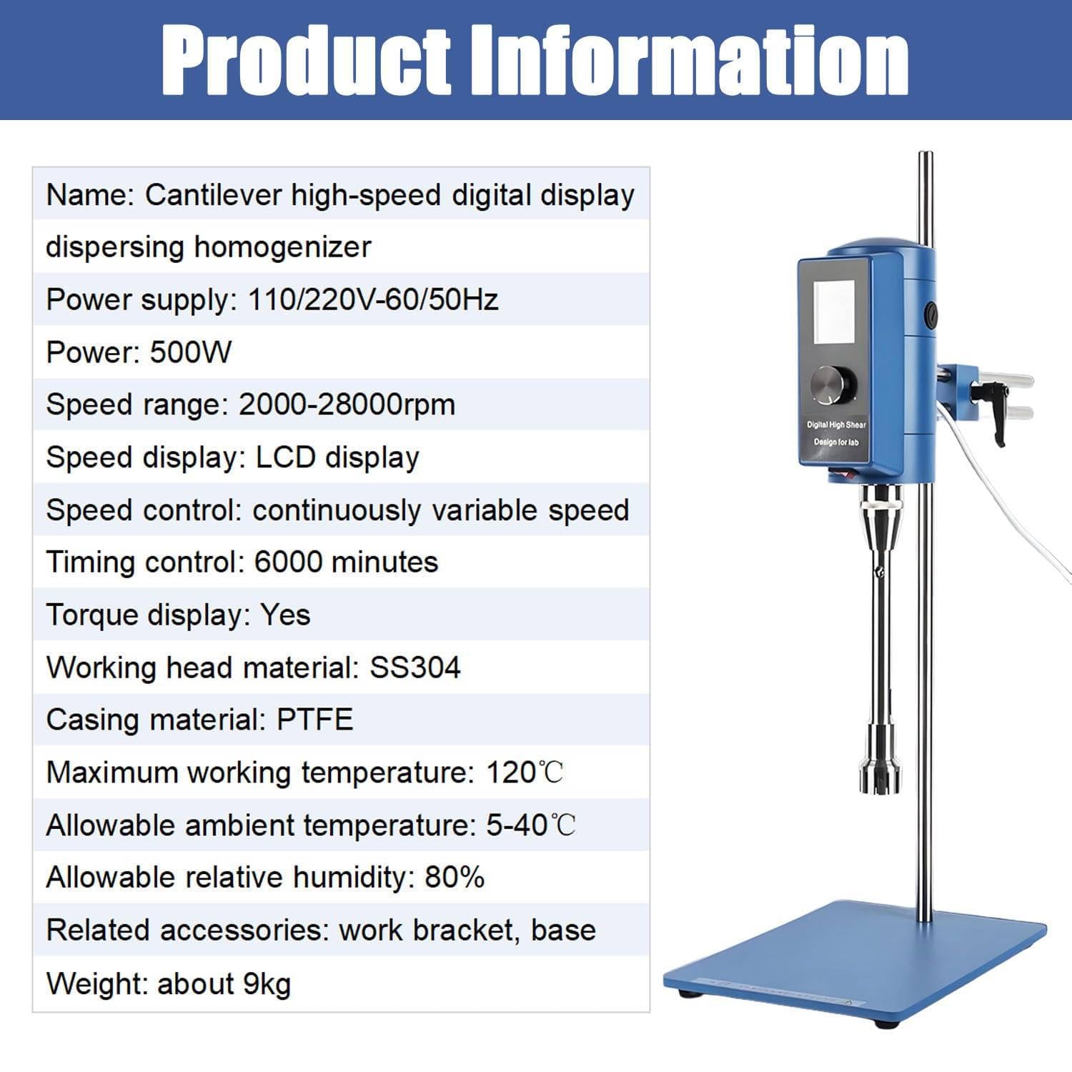Homogeneizador Emulsionador De Alta Velocidad,Homogeneizador Digital Laboratorio,Velocidad Variable 2000–28000 RPM,Cabezal De Trabajo De Acero Inoxidable,Altura del Cabezal Ajustable F36
