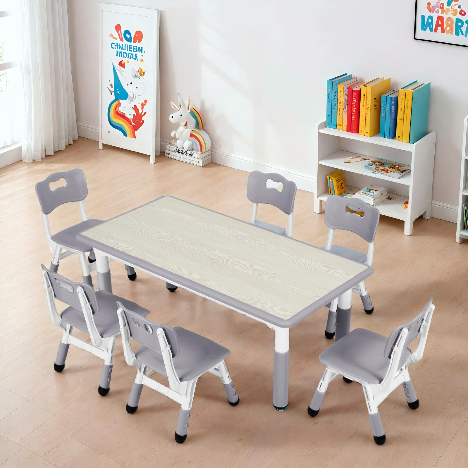 Clevich Kindertisch mit 6 Stühlen,Kinder Tisch Stuhl Set für Kindergarten und Kinderzimmer,Kindertischgruppe Höhenverstellbar,Plastik Kindermöbel,Sitzgruppe für Jungen Mädchen,Grau