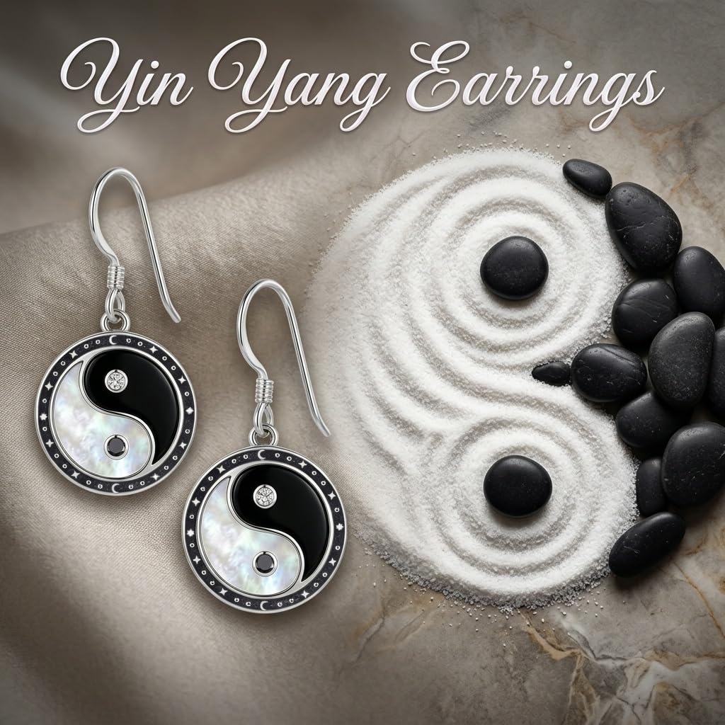 DAYLINLOVE Yin Yang Ohrringe 925 Sterling Silber Schwarze Obsidian Weiß Perlmutt Hänge Ohrringe Yin Yang Amulett Schmuck Geschenk für Damen Frauen Mädchen