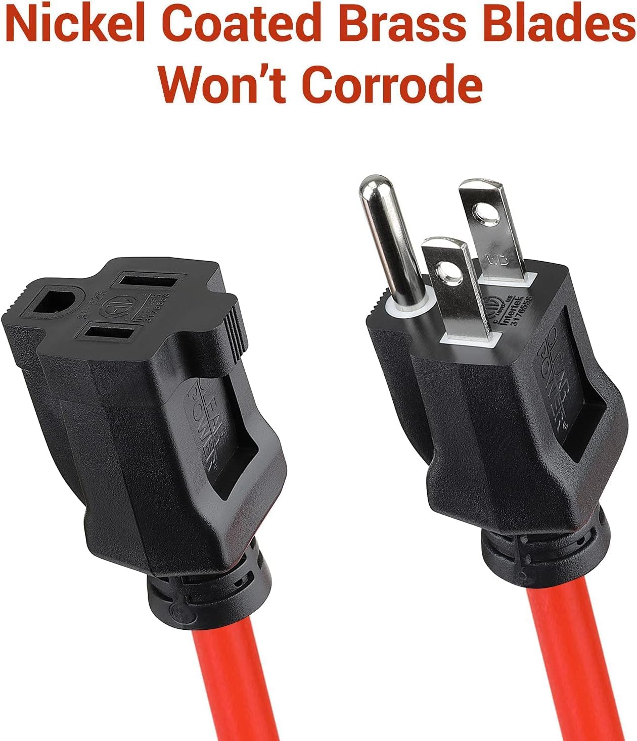 Zbliżenie view of the male and female ends of the extension cord, highlighting the nickel-coated brass blades designed to resist corrosion.