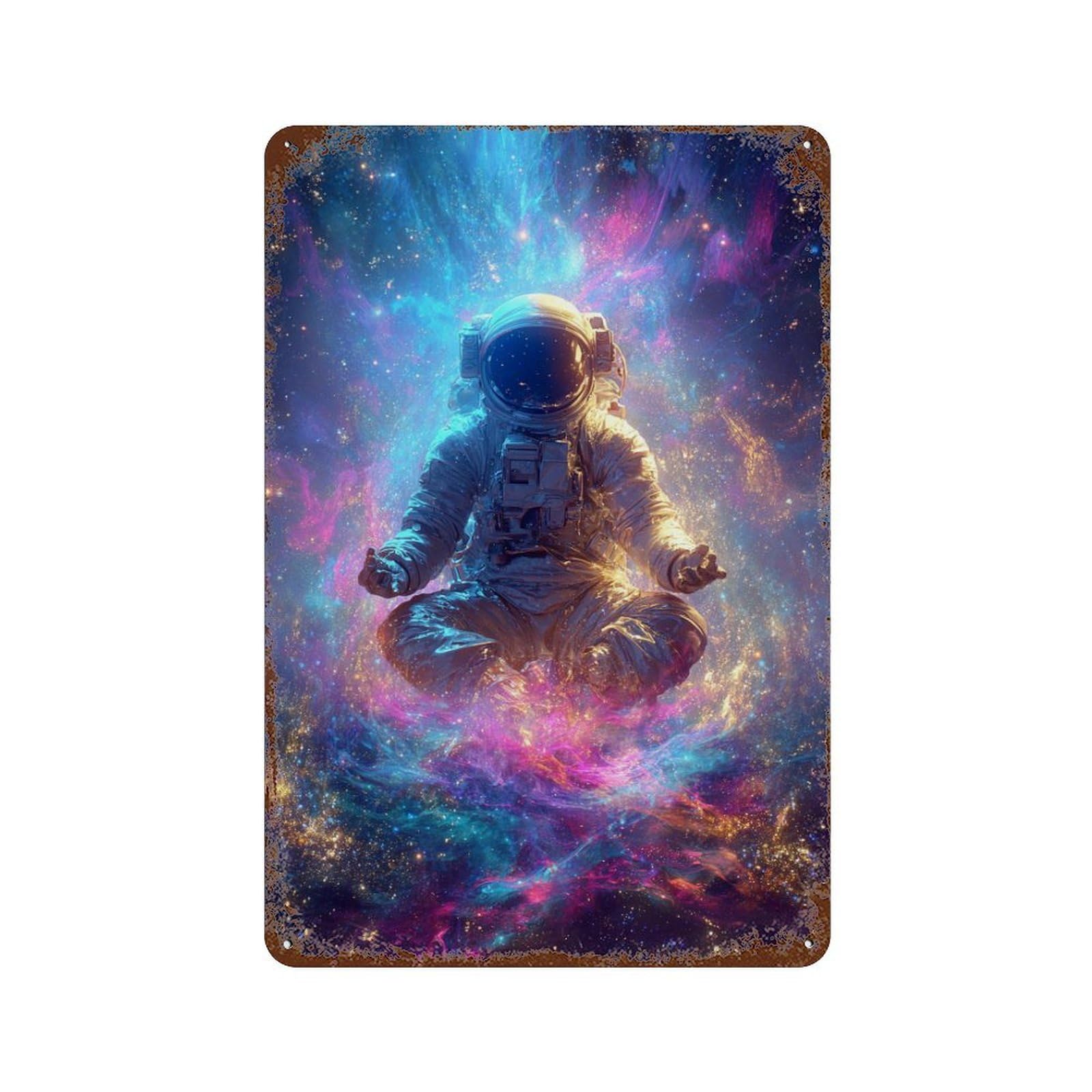 Rustic Tin Plaque with Cosmic Astronaut Meditation Design 11.8"x7.9", for Pub, Kitchen And Man Cave Decor, Old School Wall Decor