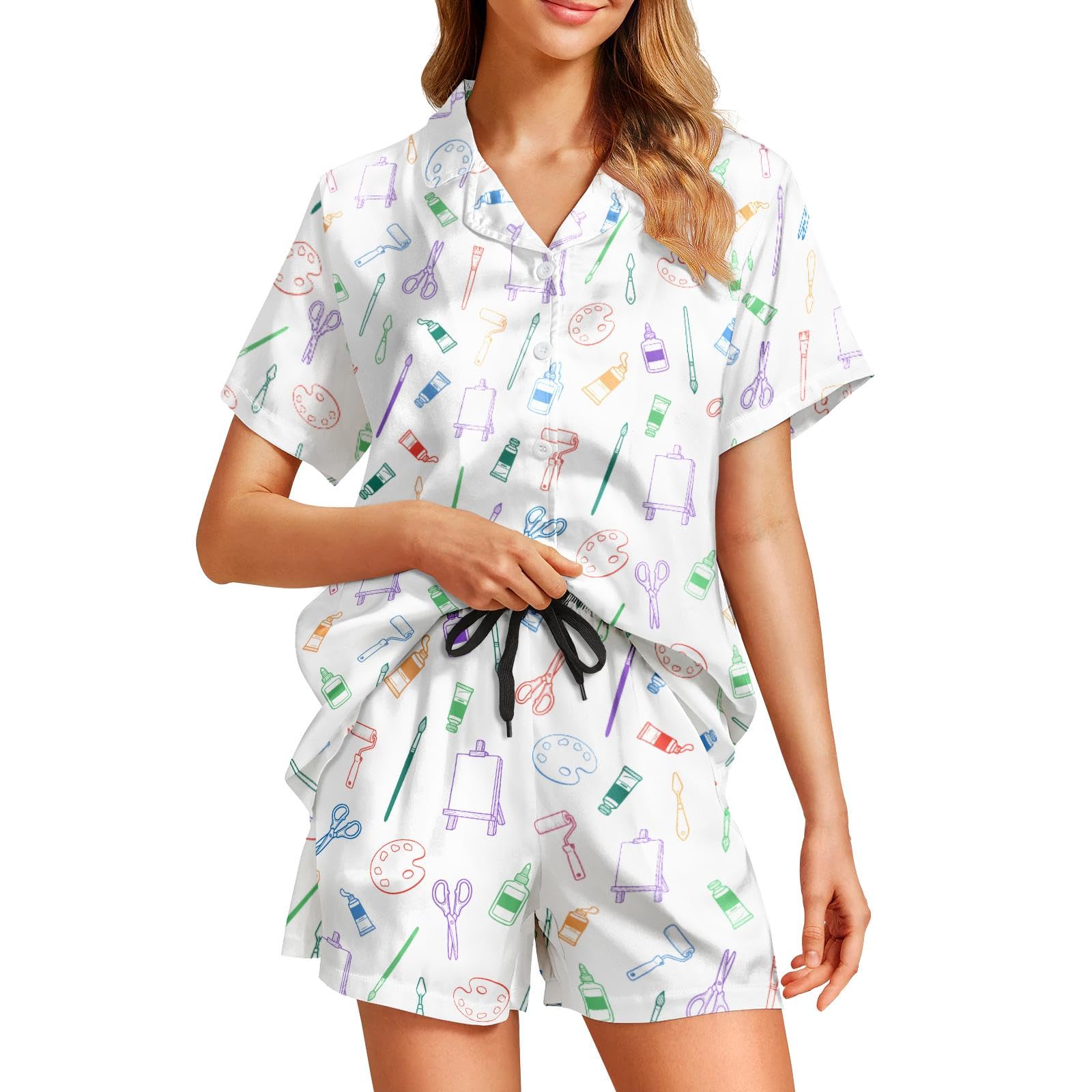 Funny Pajamas for Women Set Print Satin Loungewear Pjs Short Sleeve Button Down Top and Shorts Sets Sleepwear XS-3XL
