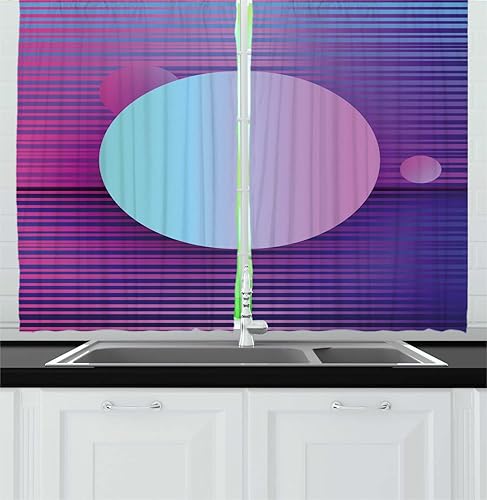 Ambesonne Synthwave Long Kitchen Curtains, Abstract Contemporary Futuristic Art with Stripes and Galactic Rounds, Two Panels Drapes with Rod Pocket