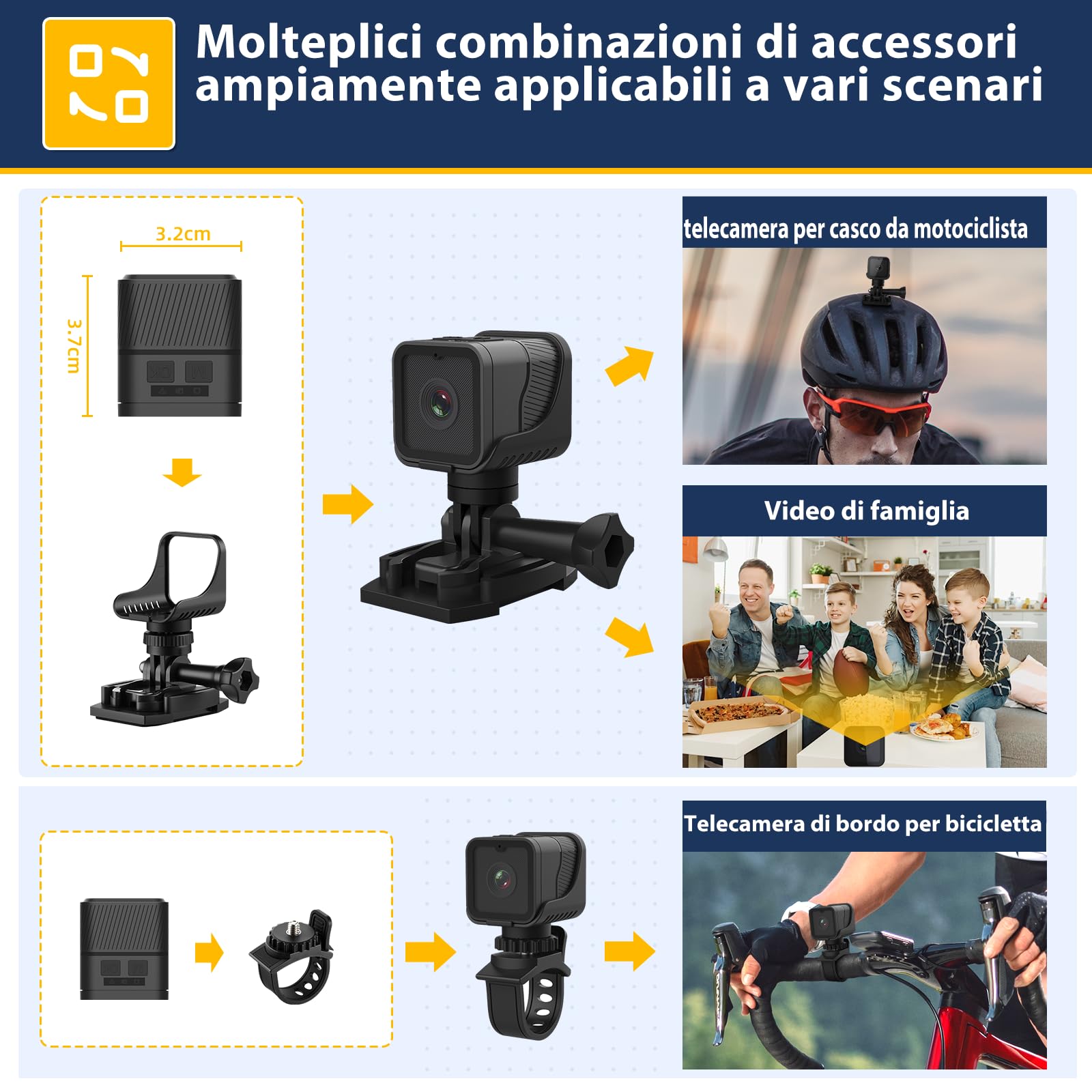 AIKER Dash Cam Moto Mini WiFi Action Cam IP66 1080PHD 120° Regolazione Automatica 64GB