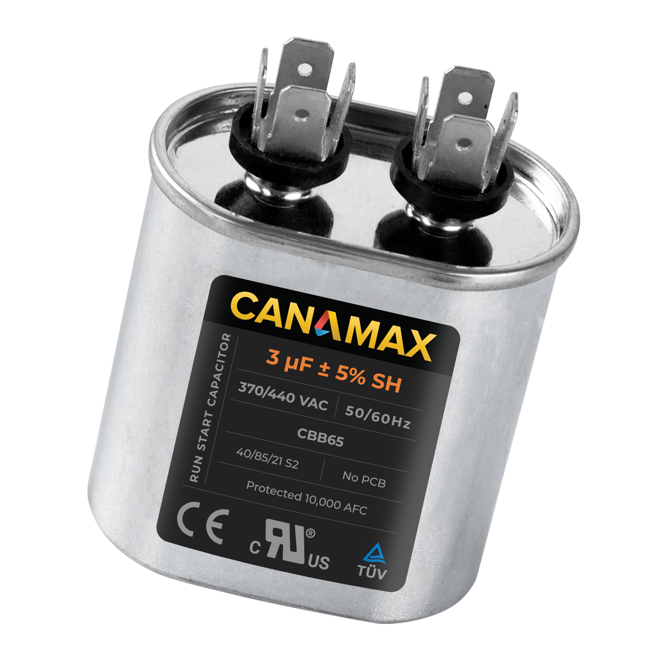 [Upgraded 2025] Canamax 3uf MFD 50/60 Hz 370-440 VAC Volts Oval Start Capacitor - Compatible with AC Motor Run or Fan Start and Cool or Heat Pump Air Conditioner - C403 C403L C303 12027 4X425A
