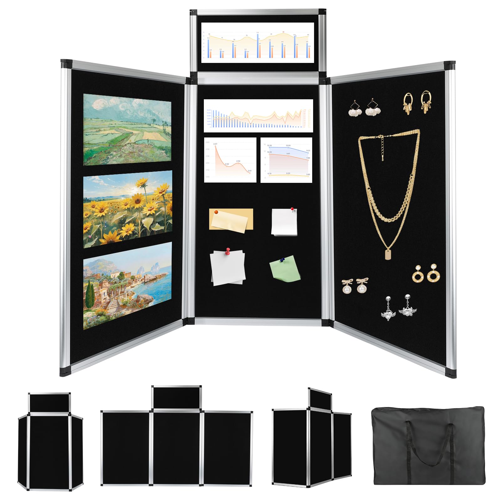 Display Board, Tri-fold Exhibition Panel with a Header Panel, Black Single Sided Poster Display Boards for School Office