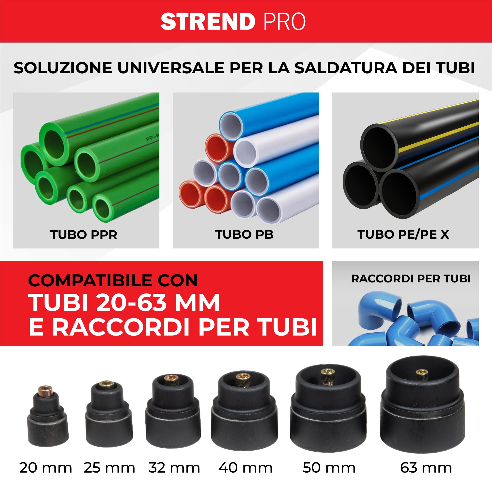 STREND PRO Saldatrice a Manicotto | 1500W Polifusione | Per Tubi in Plastica Ø20–63 mm - PPR, PE | Saldatrice Professionale con 14 Accessori | Regolazione 0–300°C
