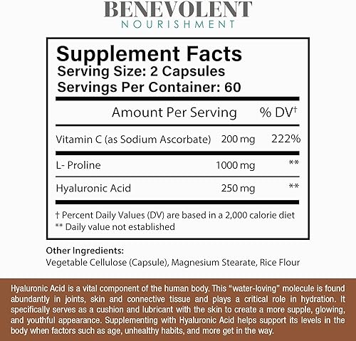 Miniatura 6 de Suplementos de ácido hialurónico premium de 250 mg - con 200 mg de vitamina C y 1000 mg L de prolina, sin OMG 120 cápsulas, antienvejecimiento,