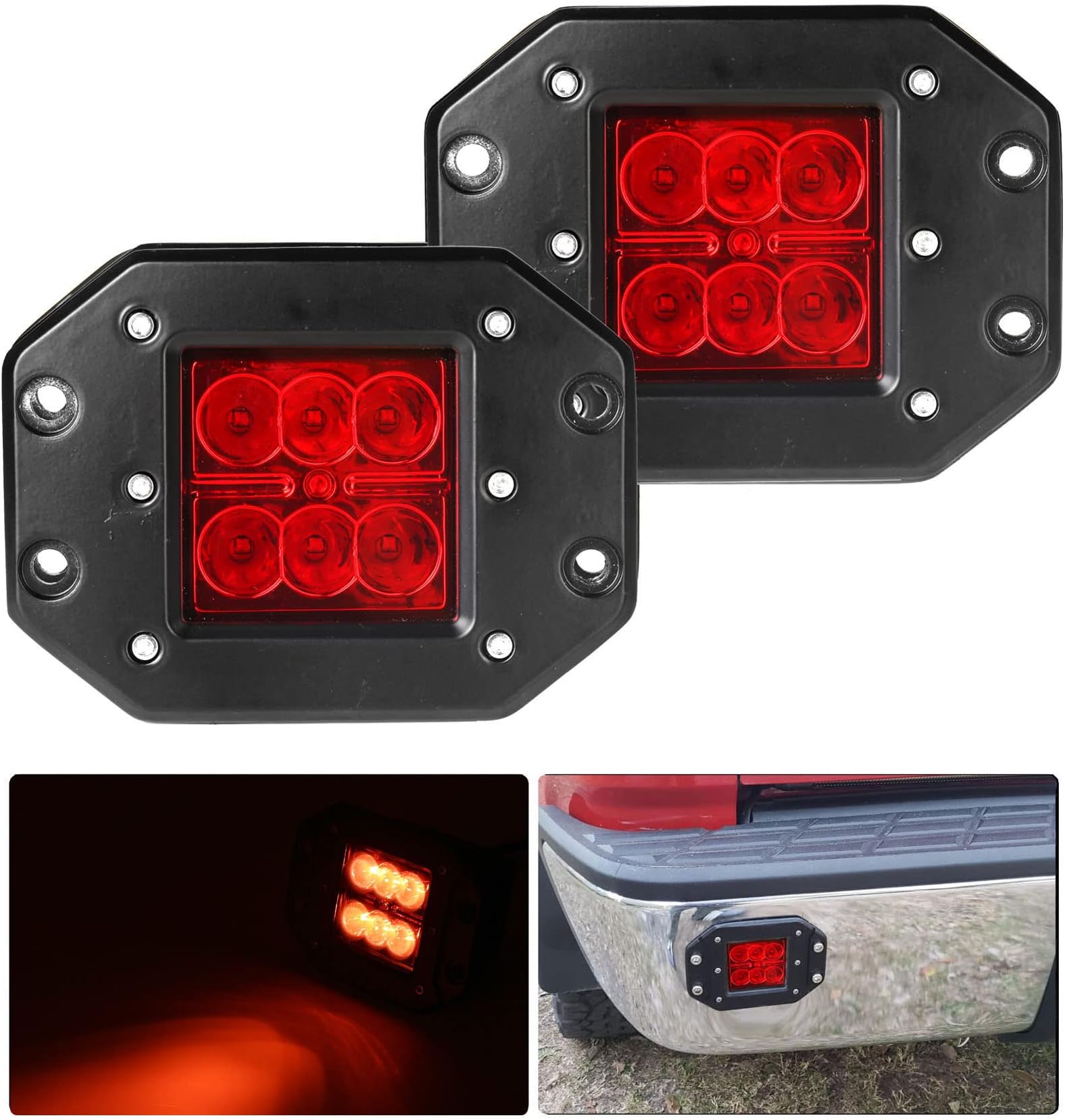Athiry 18W Flush Mount LED Light Pods 2pcs Auxiliary Driving Backup Reverse Light Compatible with Jeep Tacoma 4x4 Truck Pick-up SUV ATV UTV(RED Lens)