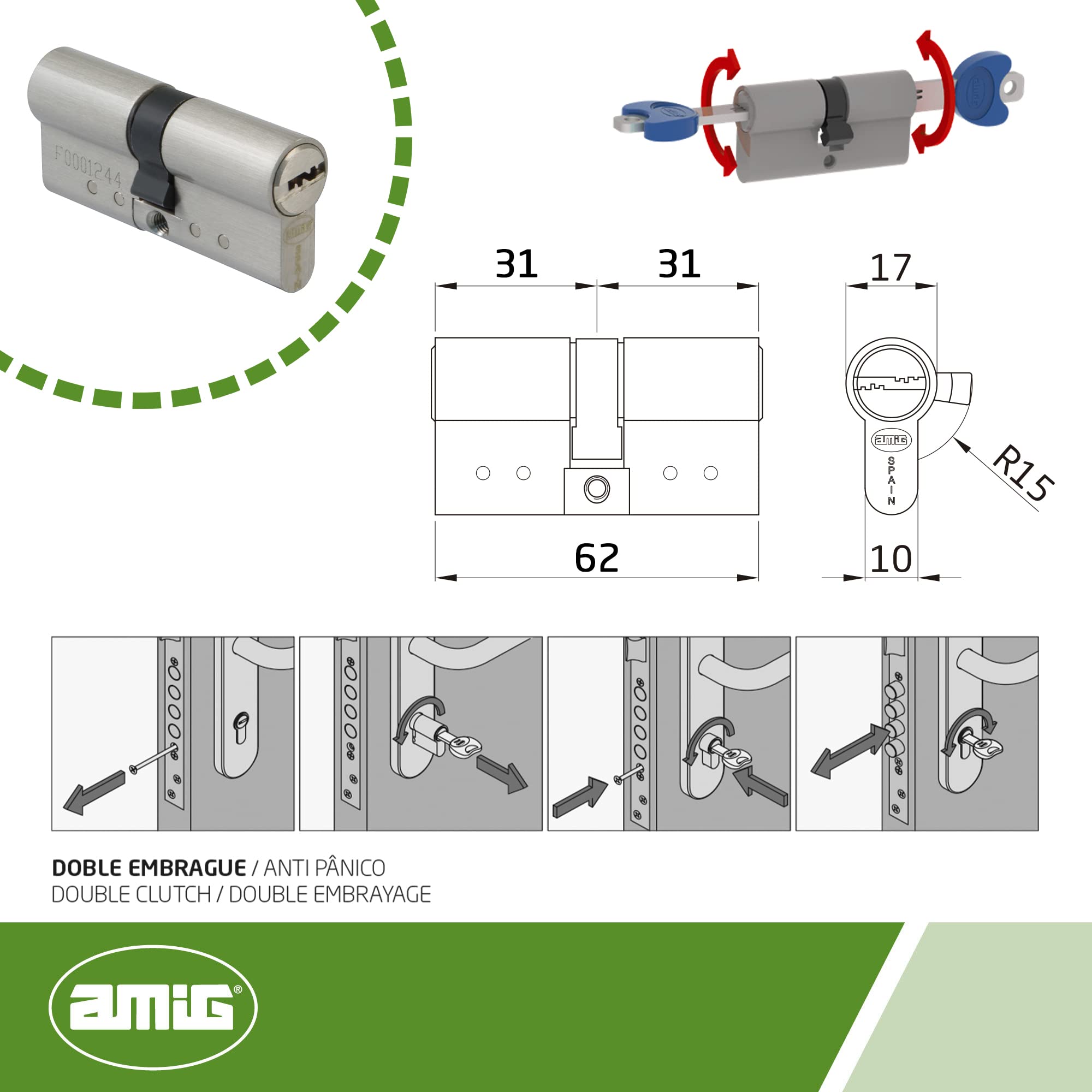 Amig - Pack de Seguridad Cerrojo de Acero y Cilindro de Latón Igualado para Puertas de Madera - Mod. 1PLUS - ø 62 mm (31-31) - Aumenta la Seguridad de tu Hogar - Acero Plateado