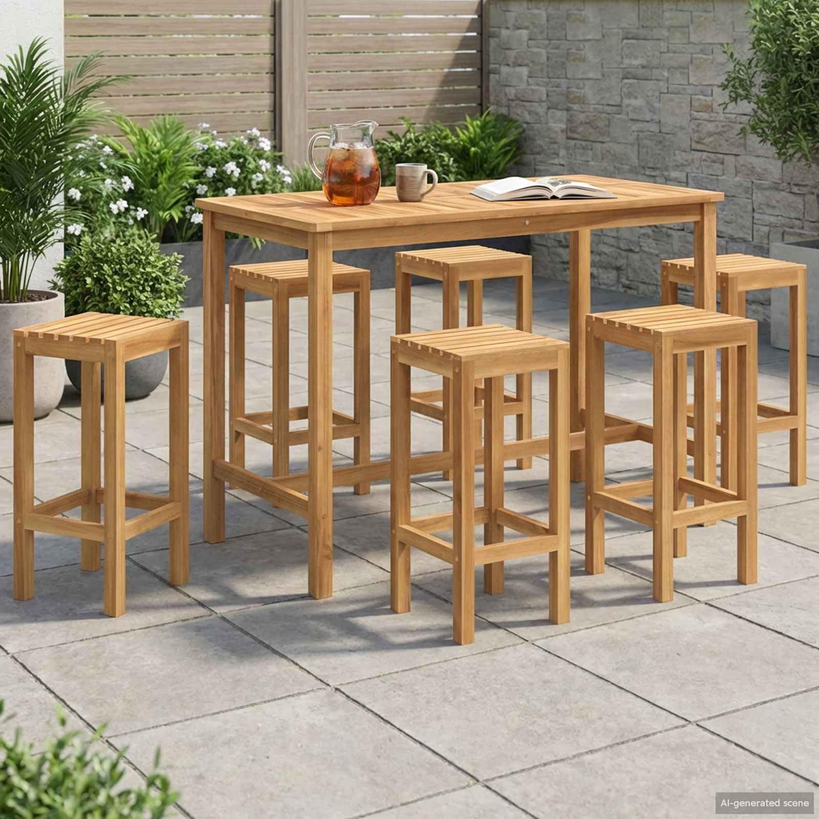 Juego de muebles de jardín de 7 piezas de madera maciza de teca para terraza, balcón y jardín, muebles de exterior resistentes a la intemperie con mesa y taburetes para relajarse y socializar