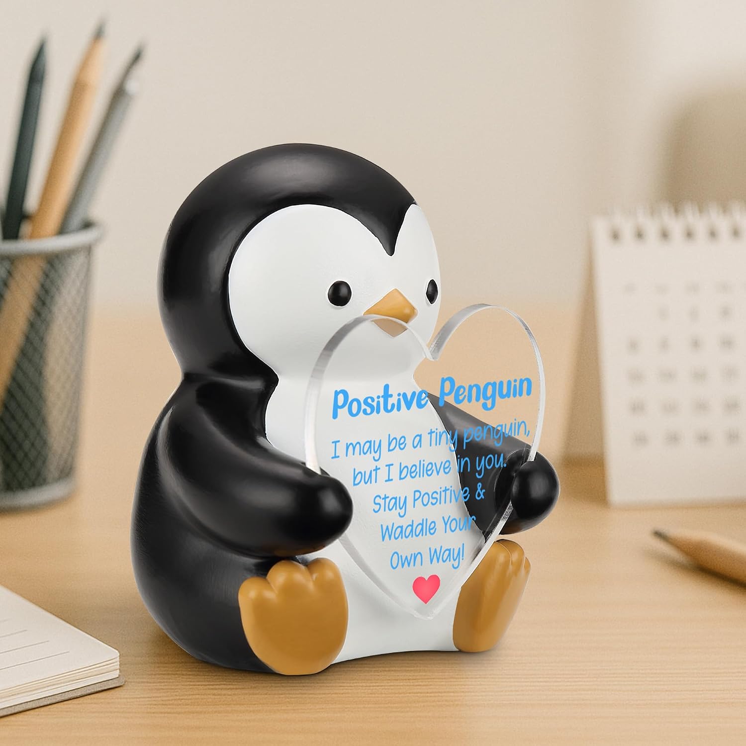 Positive Penguin Figurine, Inspirational Resin Penguin Holding Heart Acrylic Sign, Encouragement Gift for Coworker Friend Student, Motivational Desk Decor for Women Men, Confidence Keepsake - FDB545 image 3