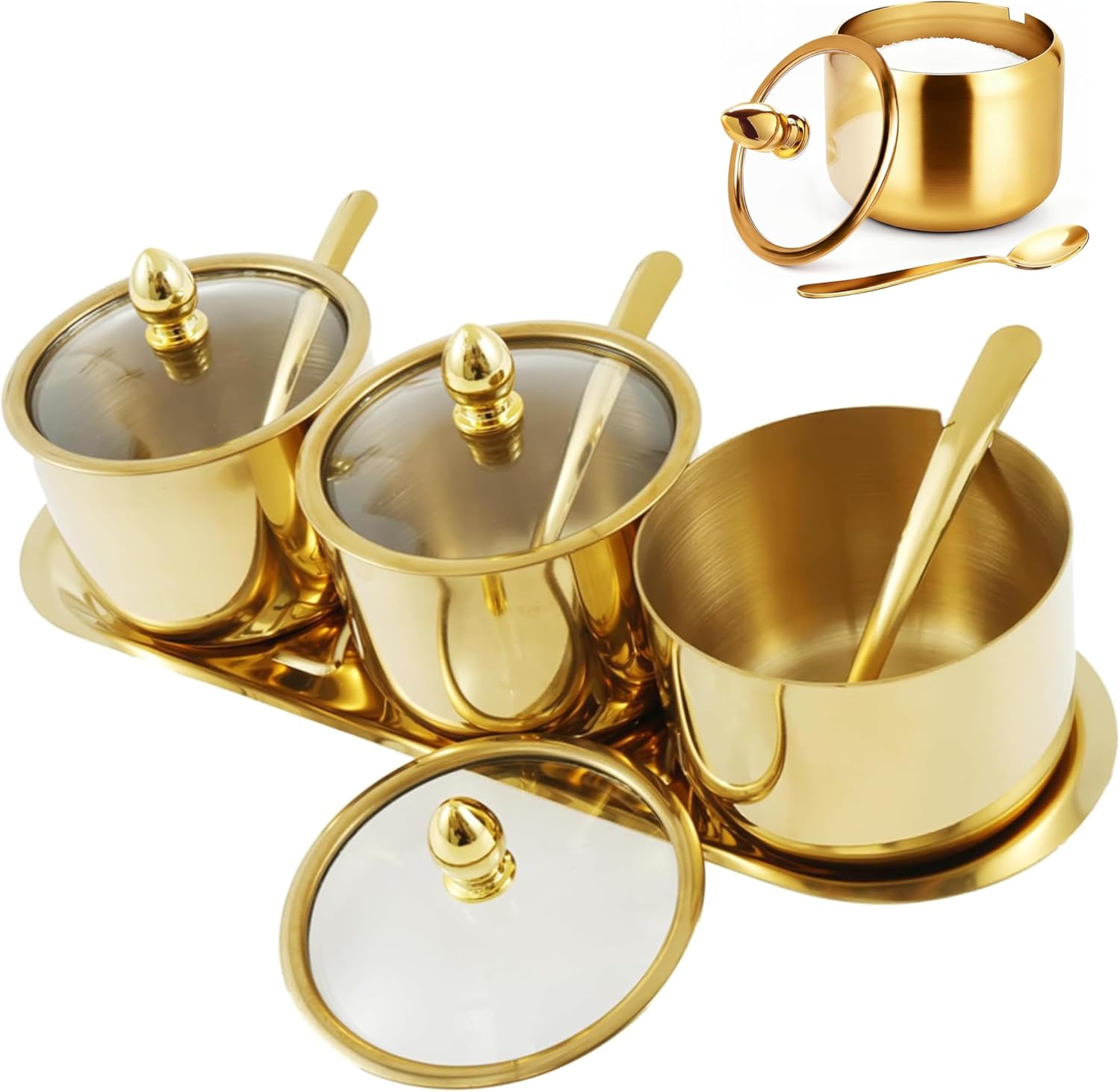 Sugar Bowl Set - 3 Grid Condiment Jars with Glass Lids & Spoon、Reusable Stainless Steel Canisters with Tray for Sugar, Spice, Salt - Stylish Kitchen Storage Containers