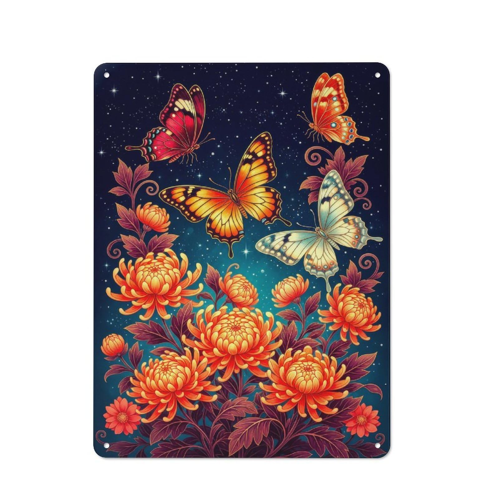 Junmoney Style-15 Butterflies And Chrysanthemums In Starry Night Retro Metal Wall Sign 40X30cm For Living Room Or Hallway, For Collectors Decorating Living Rooms And Hallways