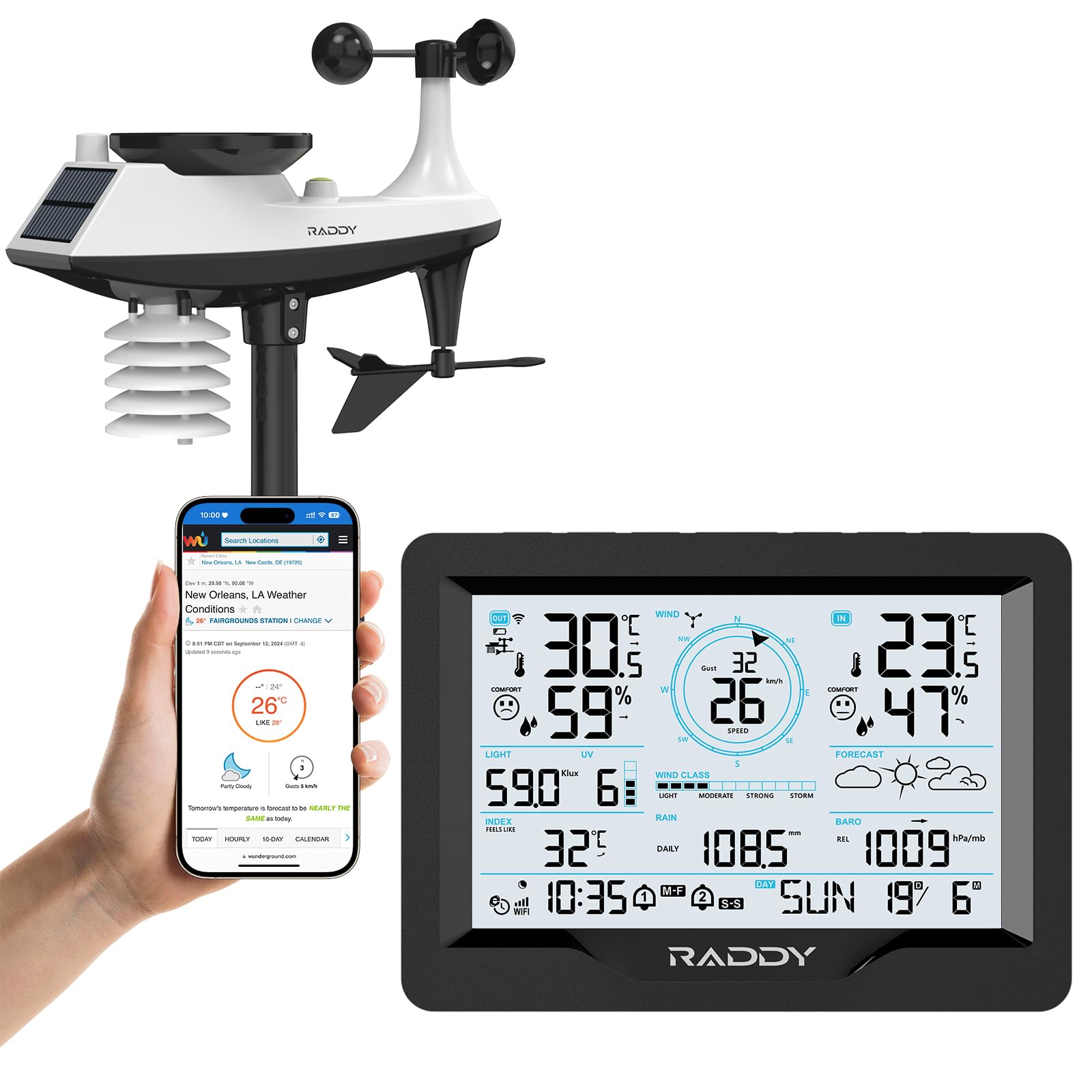 Raddy MN6 Stazione Meteo WiFi, Stazione Meteorologica Wireless 15 in 1 per Interno ed Esterno, Monitor Temperatura e Umidità con Pressione Atmosferica, Pluviometro, Vento, UV, Previsioni Meteo