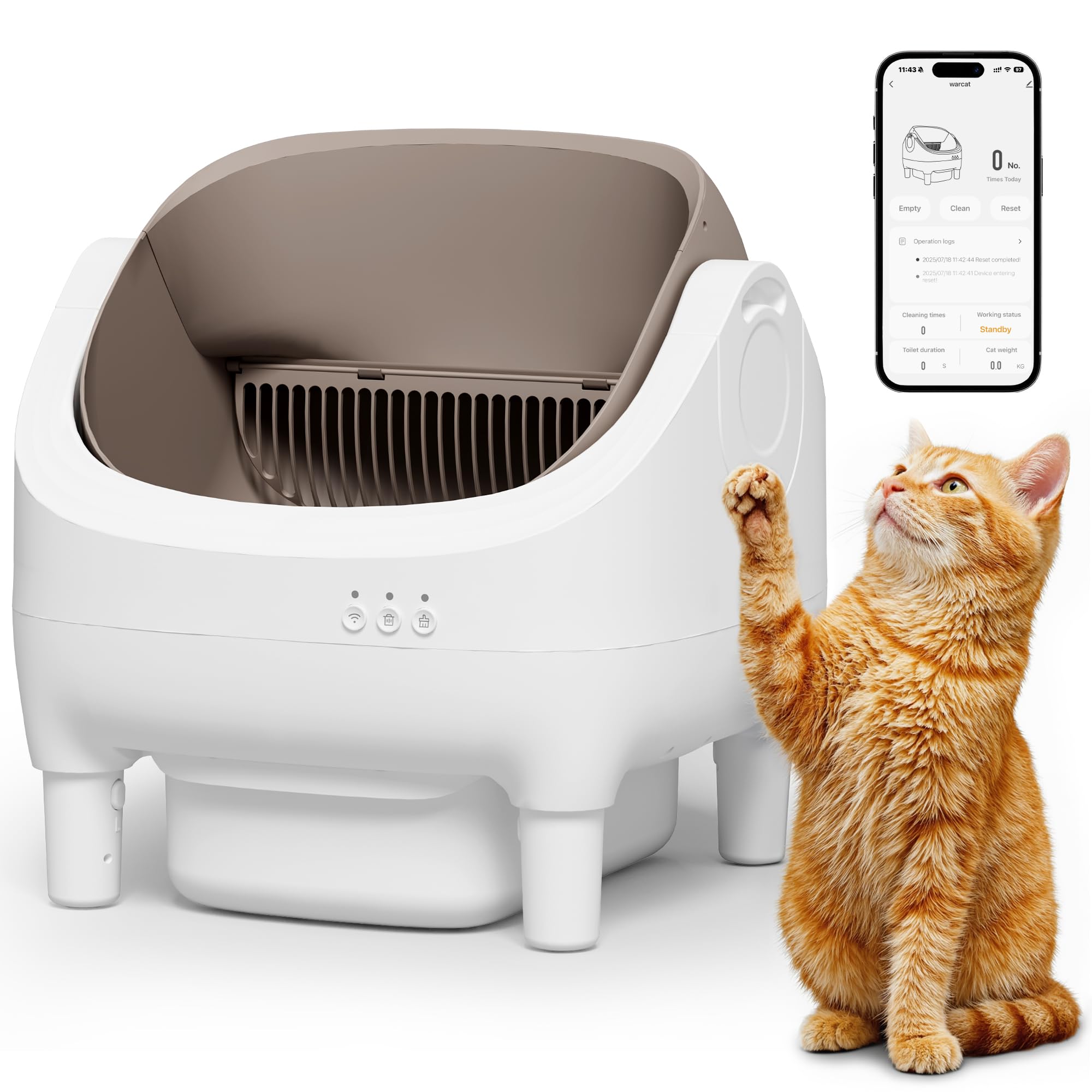 WARCAT Litter Box - Electric Automatic Self Cleaning Cat Litter Box, Open-Top Design, Easy Odor Control, Smart APP Control, 15L Large Waste Bin, Includes Trash Bags & Mat (Brown)