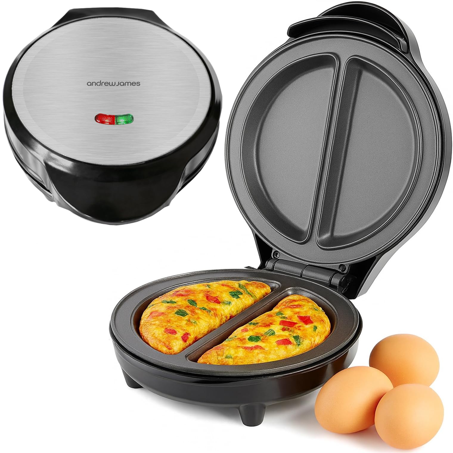 Andrew James Omelette Maker, Electric Omelette Maker Non-stick, Omelette Pan Dual Compartment, Omelettes and Eggs, Deep Non-Stick Omelette Pan, Cool Touch, Cord Storage, Power Ready Lights