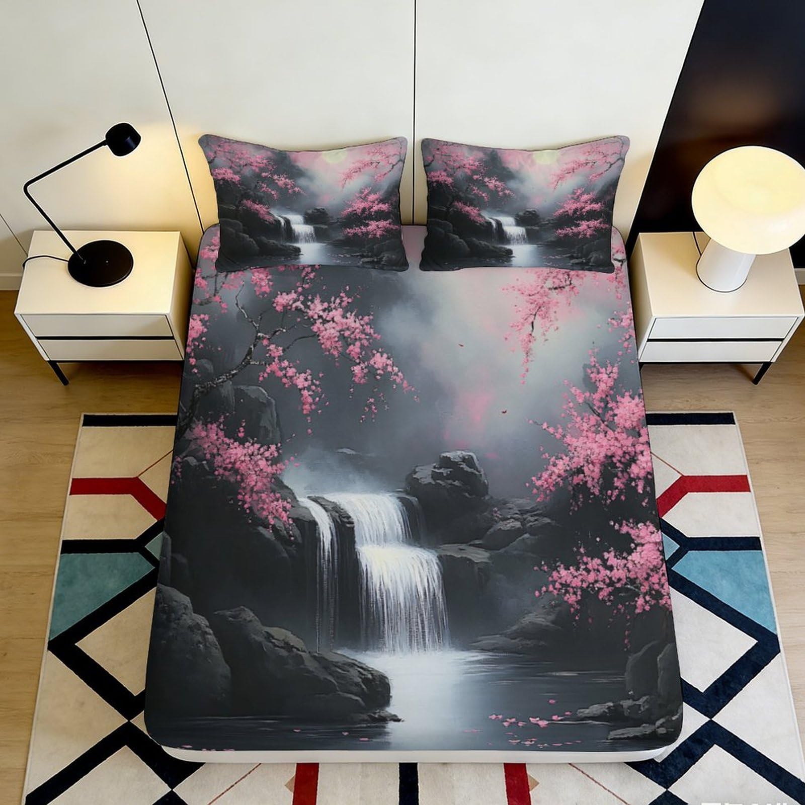 3D Printed Waterfall Sakura Fitted Sheet Microfiber Breathable Dark Landscape Bed Cover for Home Bedroom Decor 90x200x25cm