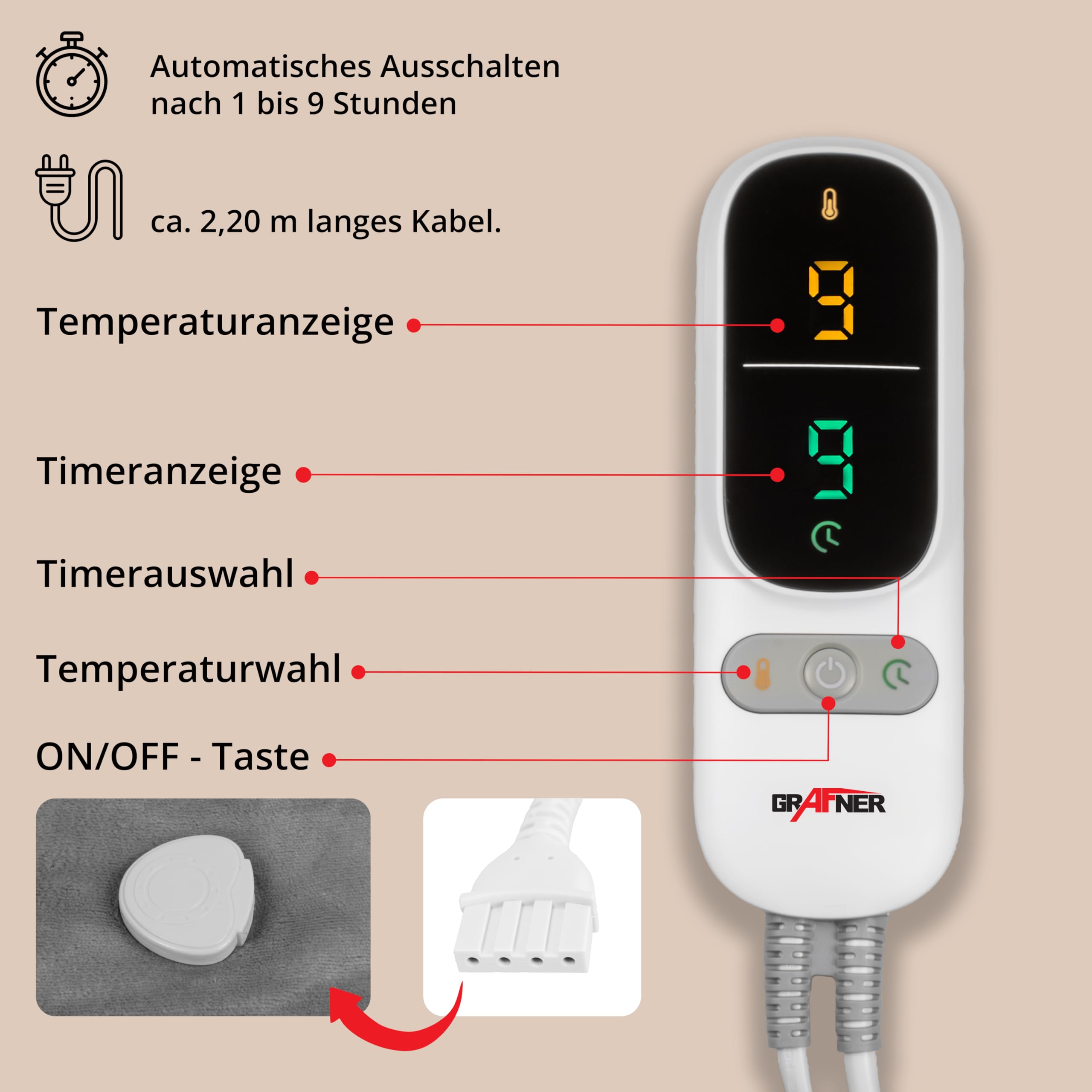 Grafner Heizdecke 200 x 180 cm Sherpa Fleece, elektrische Wärmedecke für 2 Personen, 9 Heizstufen, 200 Watt, Timer 1-9h, Abschaltautomatik, LED Fernbedienung, maschinenwaschbar, große Kuscheldecke