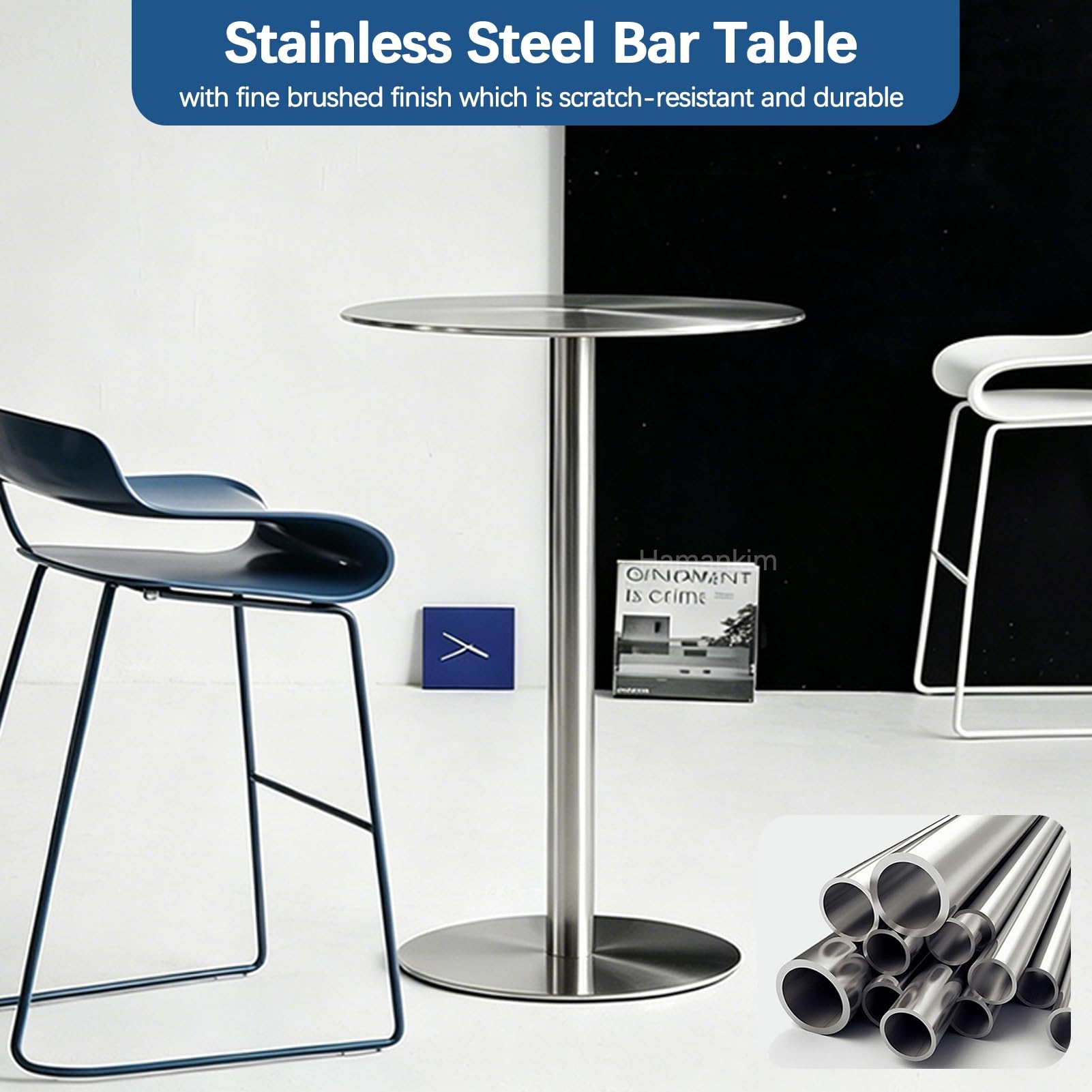 Tavolo da bistrot in acciaio inox di grado commerciale per bar e patio, 60 x 60 x 75 cm, rotondo, piccolo, tavolo da pranzo e cocktail, ideale per uso interno ed esterno