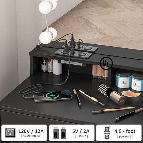 Miniatura 4 de Vabches Tocador con espejo y luces, mesa de maquillaje con estación de carga, tocador con taburete y 3 compartimentos de almacenamiento, 3 modos de