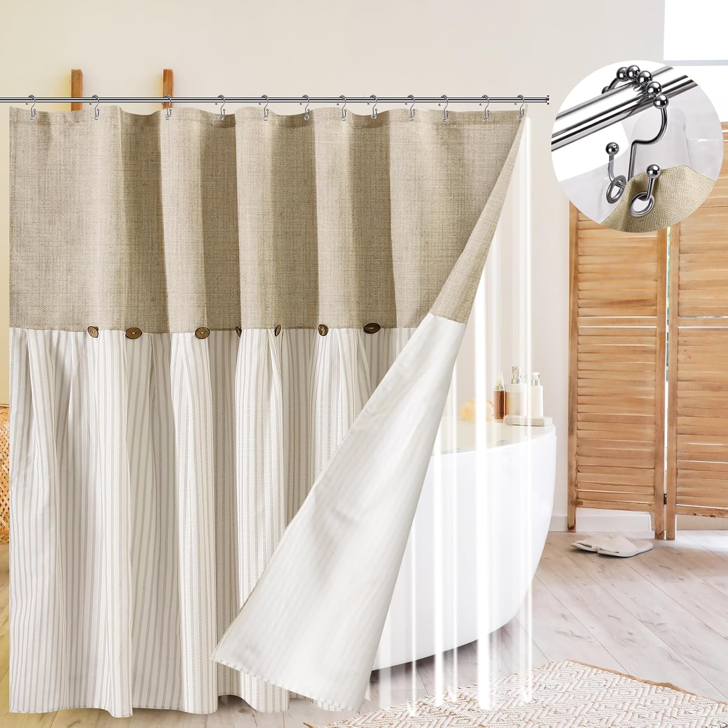 3 in 1 Farmhouse Boho Button Shower Curtain and Clear Curtain Liner Set with 12 Double Rings Linen and Cotton Woven Fabric Rustic Decor for Bathroom, 70''x70''(Brown)