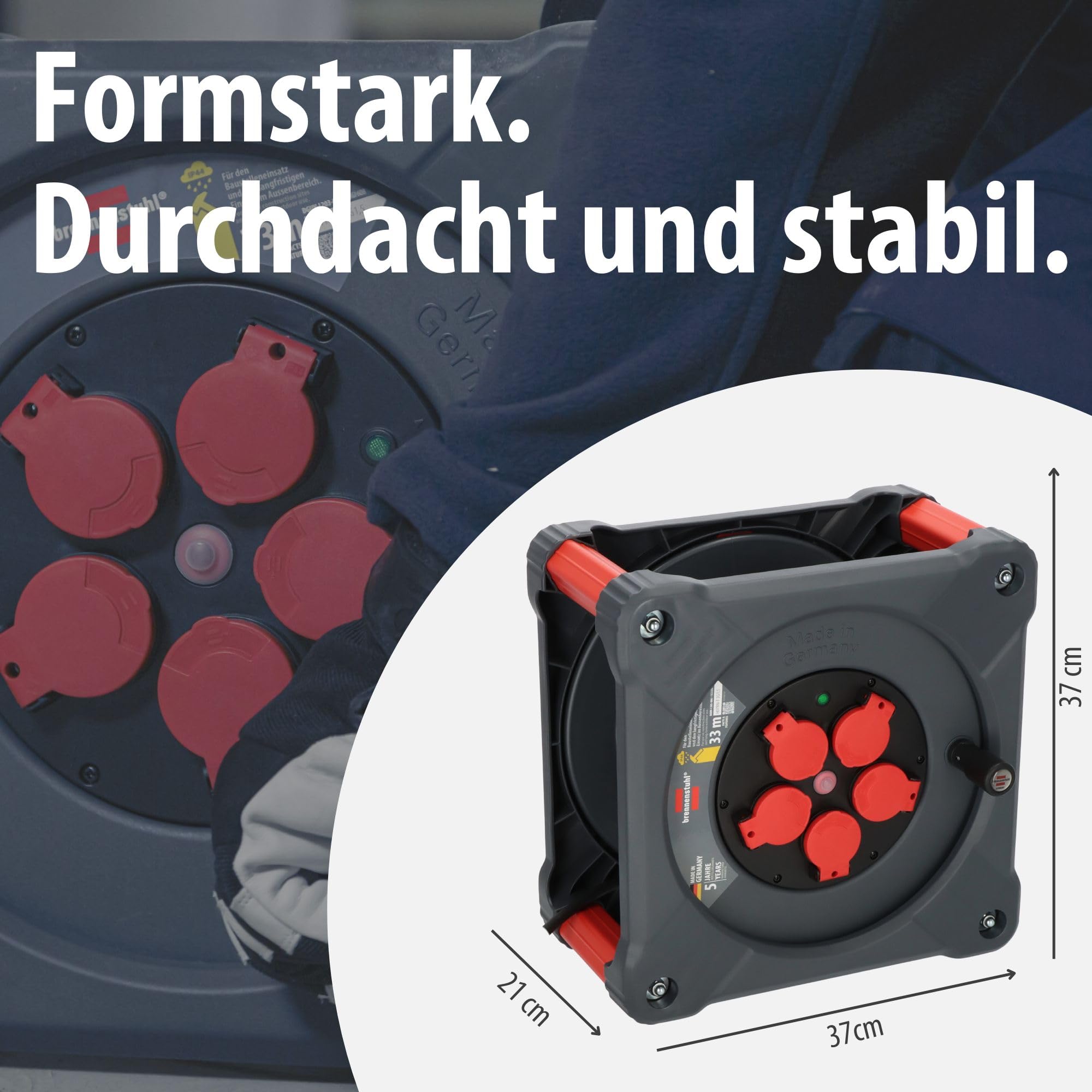 Brennenstuhl Avvolgicavo professionale per cantiere, KA 3100 5 IP44 (33 m H07RN-F 3G1,5 cavo in nero, 5 prese di sicurezza, uso in cantiere e uso esterno permanente, Made in Germany)