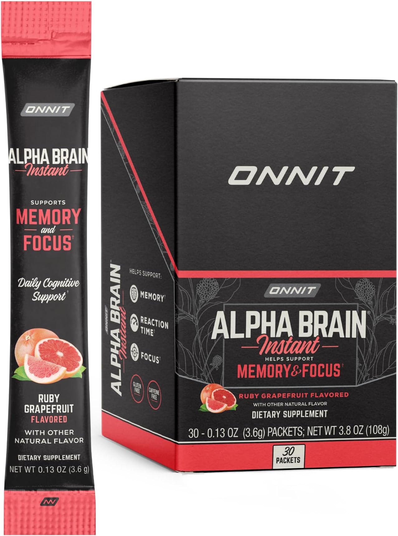 ONNIT Alpha Brain Instant - Ruby Grapefruit Flavor - Nootropic Brain Booster Memory Supplement - Brain Support for Focus, Energy & Clarity - Alpha GPC Choline, Cats Claw, L-Theanine, Bacopa - 30ct