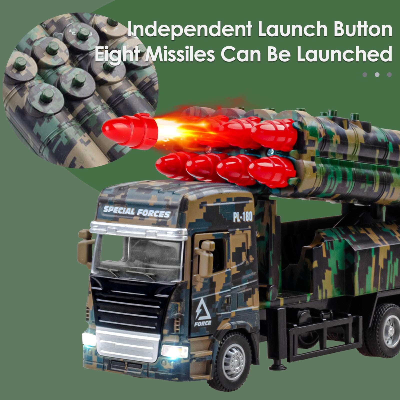 MR.HOKWY Army Toys for Boys - Military Toy Cars, Army Vehicle Model with 8 Missiles, Missile Launcher Car Toys Light & Sound for Kids, Pull Back Die-Cast Army Vehicles for Age 3 4 5 6 Years Old Boys - Image 2