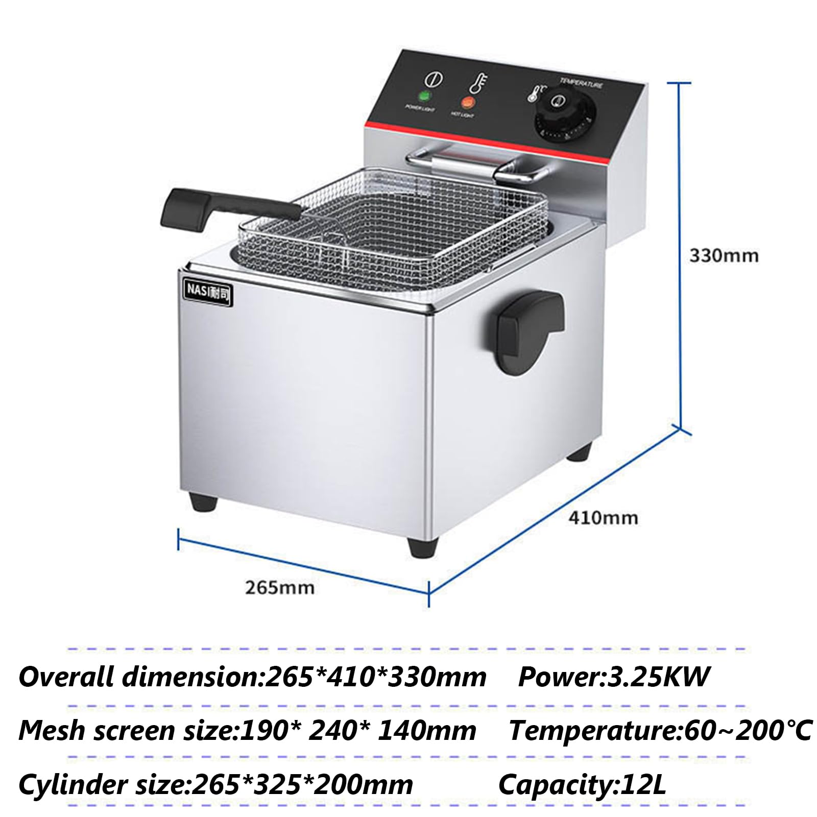 Freidora Industrial 12L, Freidora Electrica De Acero Inoxidable, Sola Profesional Industrial De Acero Regulador De Temperatura Fryer Sartén con Canasta para Uso Comercial Y Doméstico