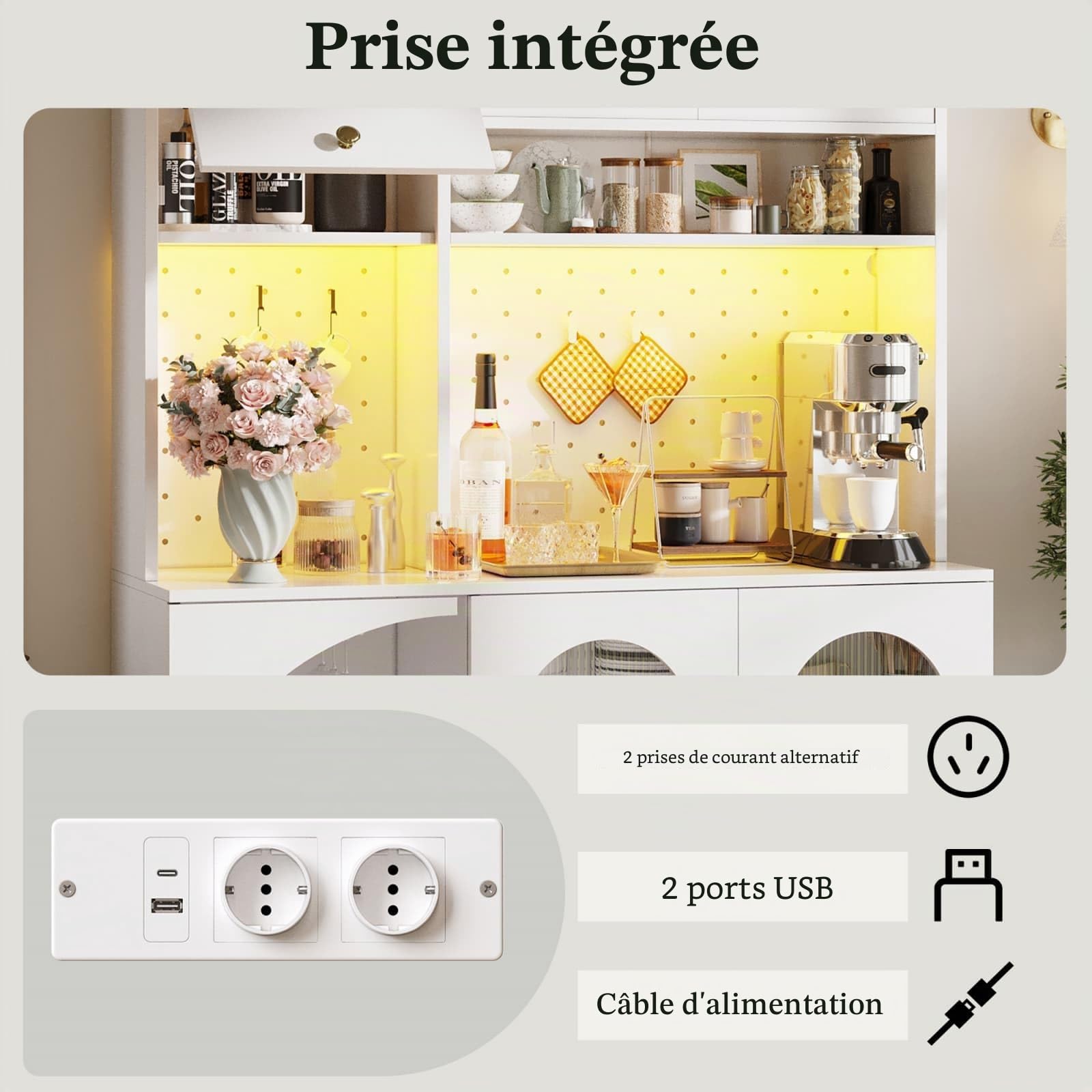 Buffet Haut de Cuisine,Armoire de Salon Moderne,Buffet Salle a Manger,Meuble de Rangemen avec Prises électriques et éclairage LED,120x40x176cm (Blanc-A)