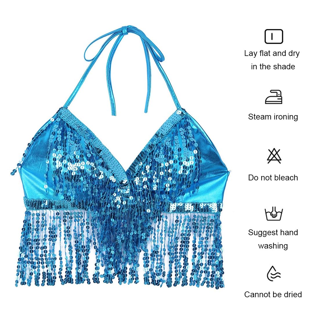Top de Danza del Vientre para Mujer con Lentejuelas y Borlas, Sujetador de Rendimiento (Azul)