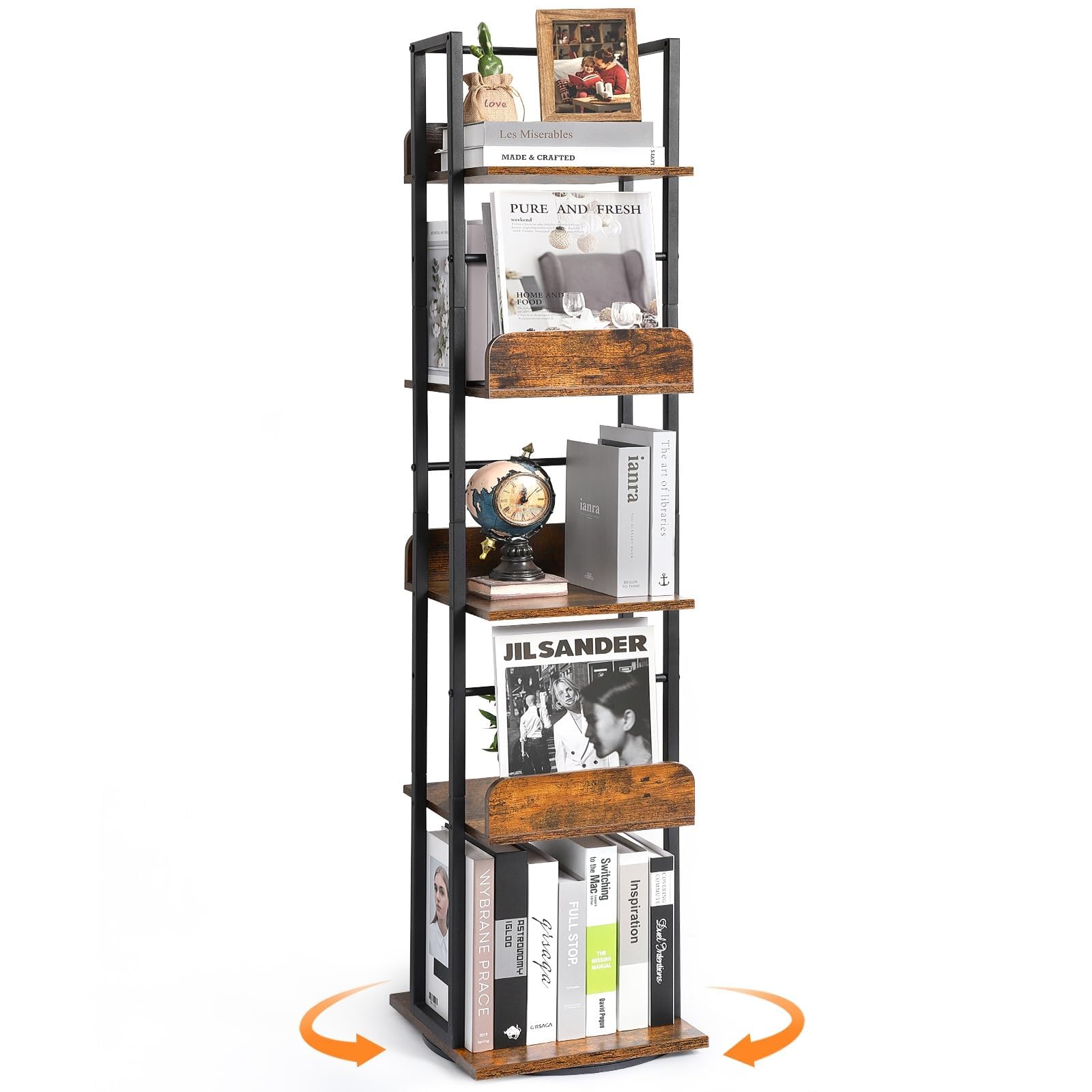 Bikoney Rotating Bookshelf, 360 Display Spinning Bookshelf Tower, 5-Tier Narrow Bookcase, Tall Industrial Book Shelf Organizer, Small Corner Book Shelves for Living Room, Black