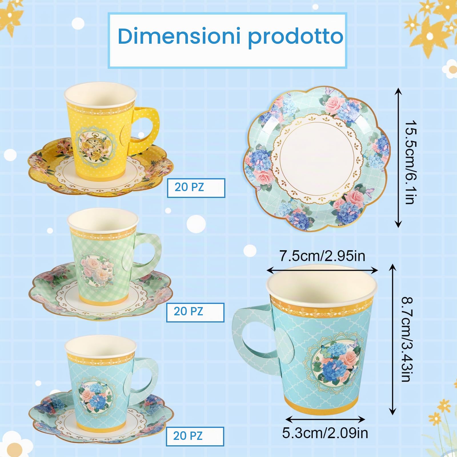 120pz Talking Tables Tazze, Set di Stoviglie Usa e Getta 60 Tazze da tè in Carta con Manico 60 Piattini in Pizzo Stoviglie Floreali per Feste per Ragazze Forniture per Tea Party