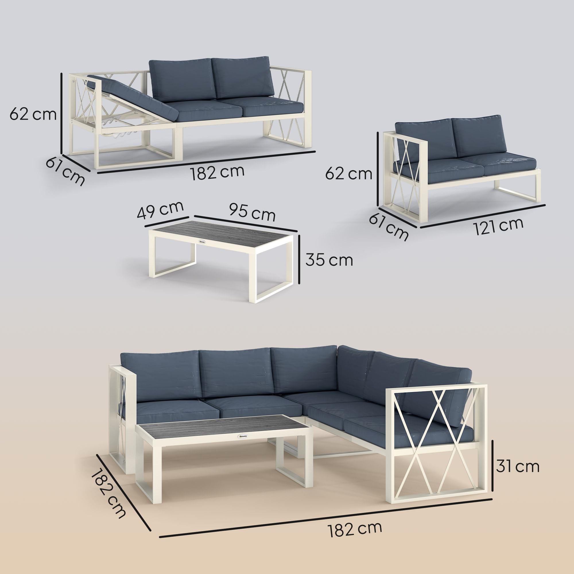 Outsunny Conjunto de Muebles de Jardín Exterior de 4 Piezas Sofá Seccional Exterior Forma de L con Sofá de Esquina y 2 Sofás de 2 Plazas con Mesa de Centro DPC Asiento Regulable y Cojines Beige y Gris