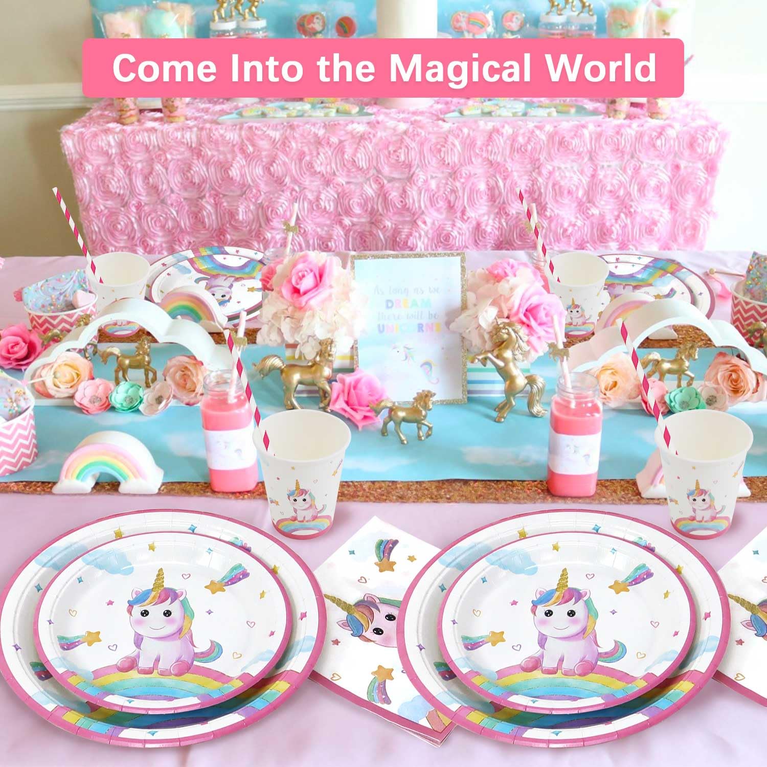 Set Stoviglie Unicorno Compleanno, 125pcs Rosa Decorazioni Unicorno Compleanno Bambina Piatti, Tovaglioli, Cannucce, Tazze per Primo Festa Bimba - 25 Ospiti