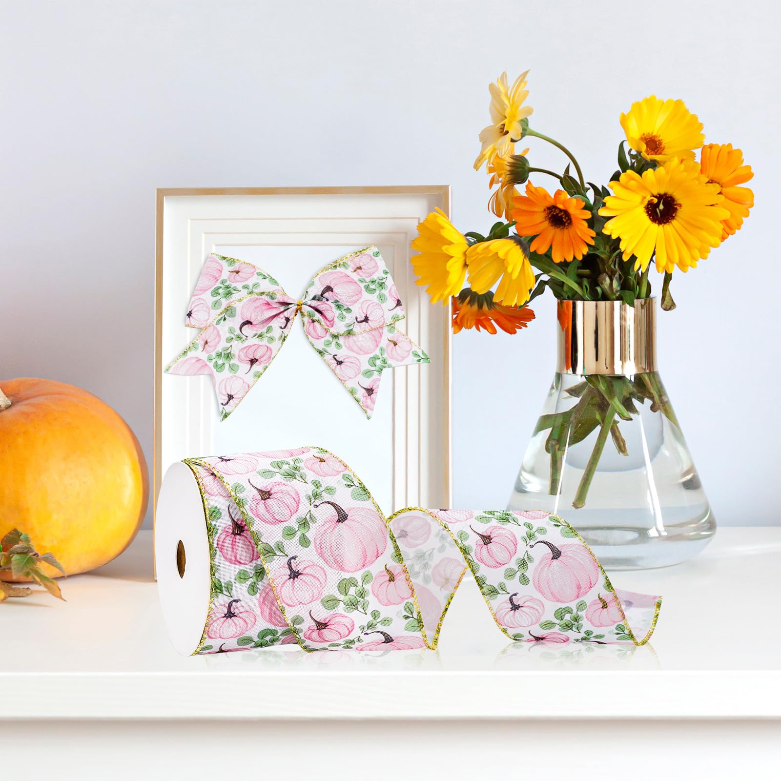 Fall Ribbon For Wreaths Fall Pumpkin Wired Ribbon - 2.5 Inch Wide Pink ...