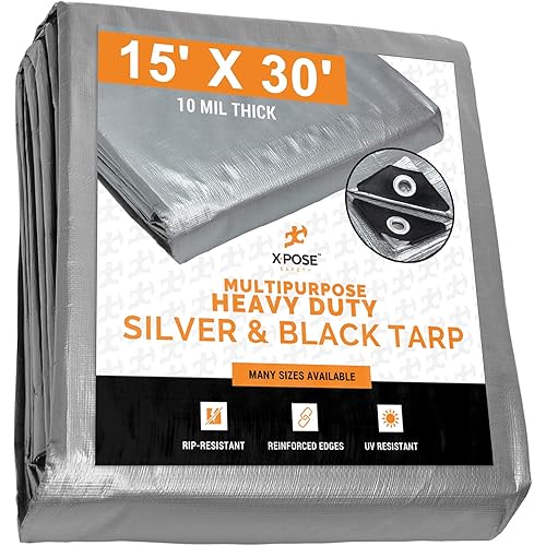 Heavy Duty Poly Tarp - 15' x 30' - 10 Mil Thick Waterproof, UV Blocking Protective Cover - Reversible Silver and Black - Laminated Coating - Grommets - by Xpose Safety