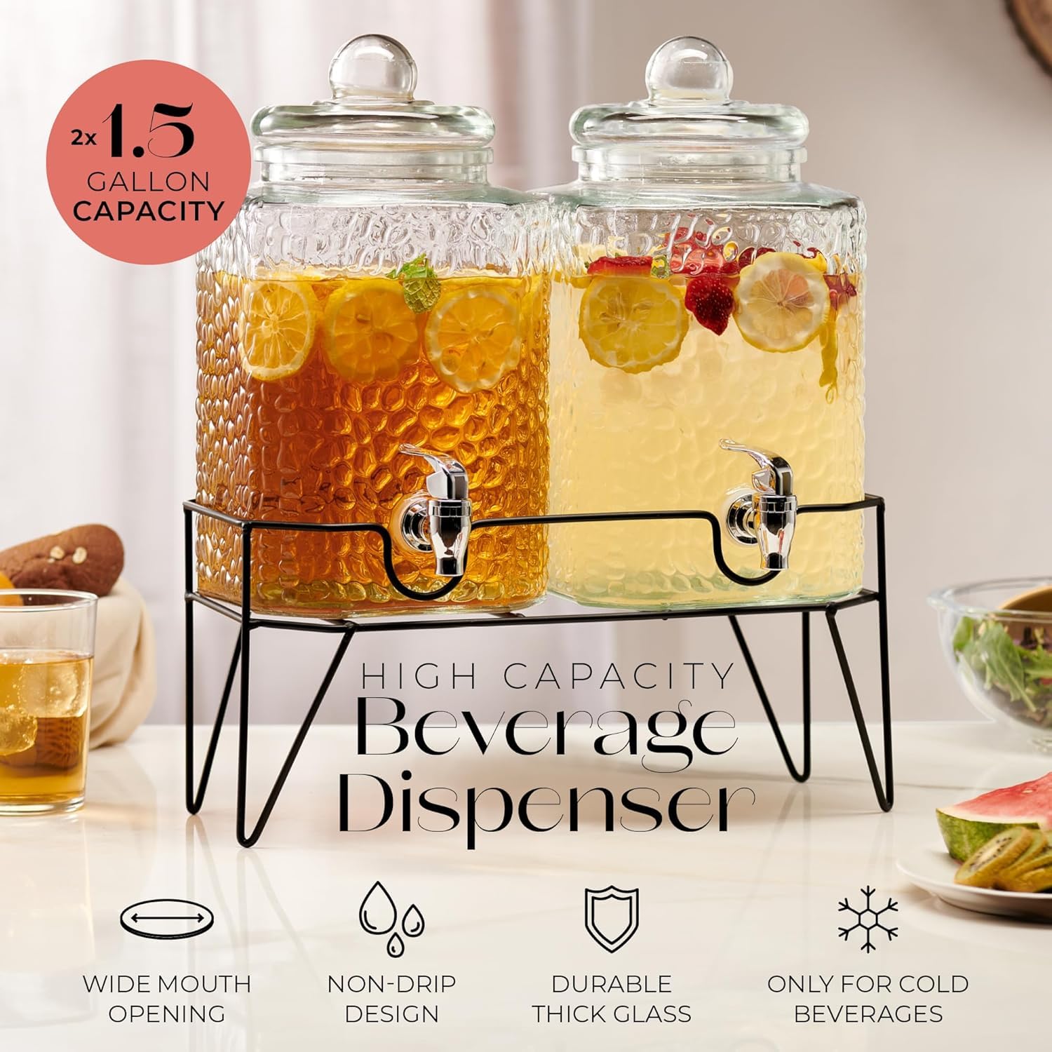 Style Setter Szklane dozowniki napojów premium z metalowym stojakiem na imprezy, zestaw dozowników zimnych napojów, lemoniady, koktajli, soków, na imprezę, 4,5 l, 2 sztuki