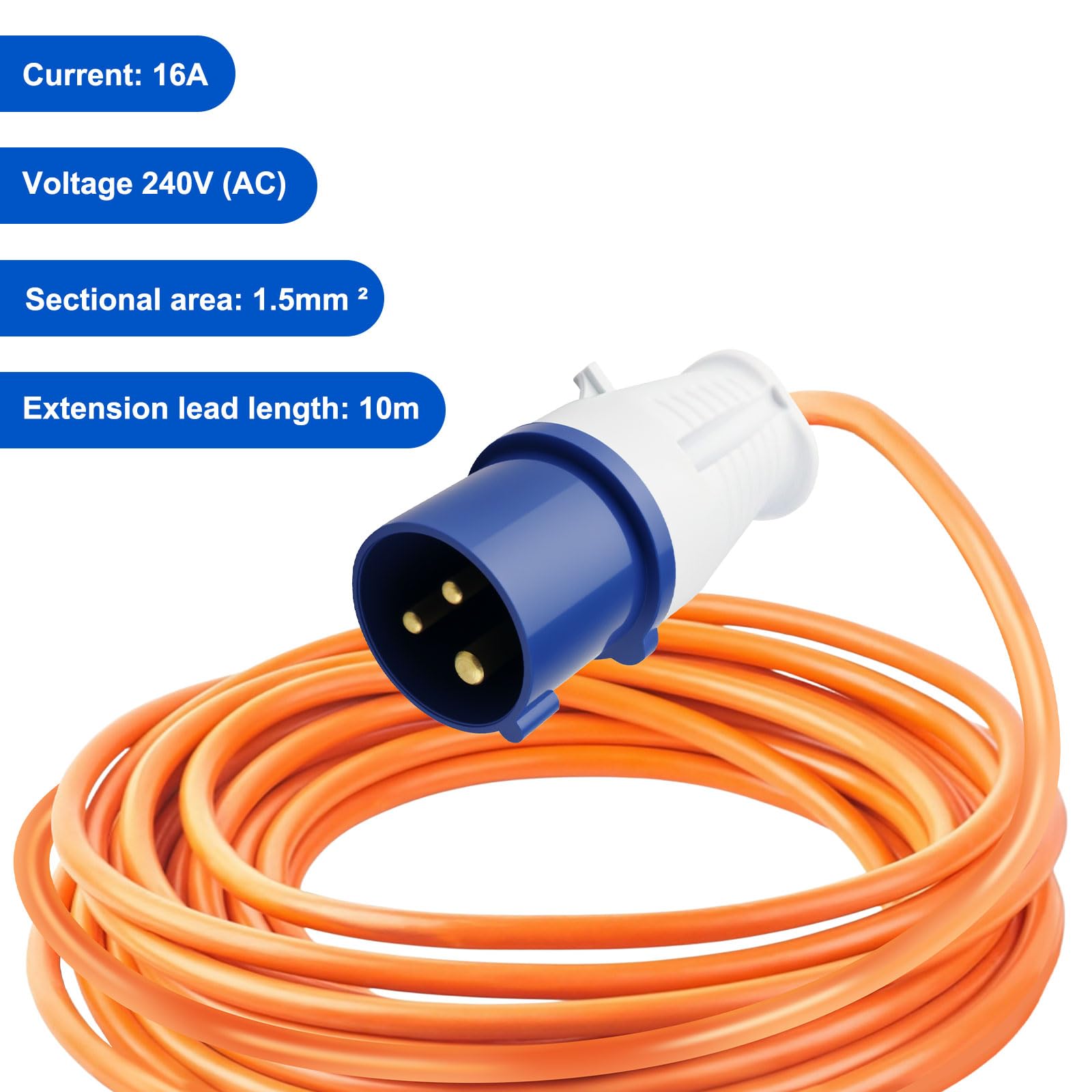 Cable de extensión para exteriores de 10 m, carrete de extensión retráctil de 4 enchufes, cable de conexión eléctrico de camping de 16 A, cable de alimentación impermeable y portátil, cable de