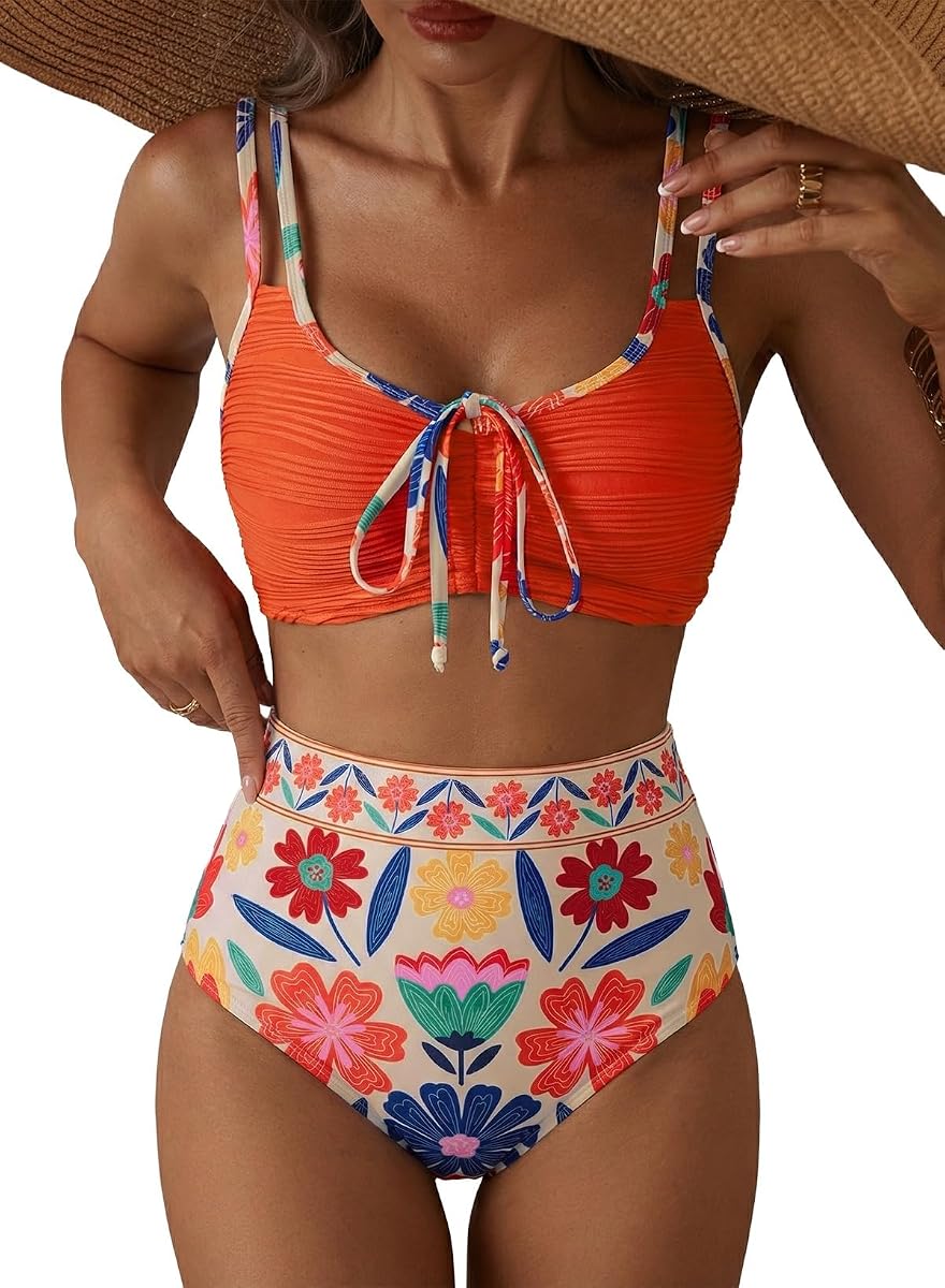 Herseas Women's High Waisted Textured Tie Front 2 Piece Bikini Sets