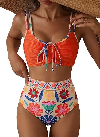 Womens High Waisted Textured Tie Front 2 Piece Bikini Sets | Color Block Foloral Print Swim Suits, Beach Vacation Textured Push Up Swimsuits, Tie Front Tummy Control Bathing Suits