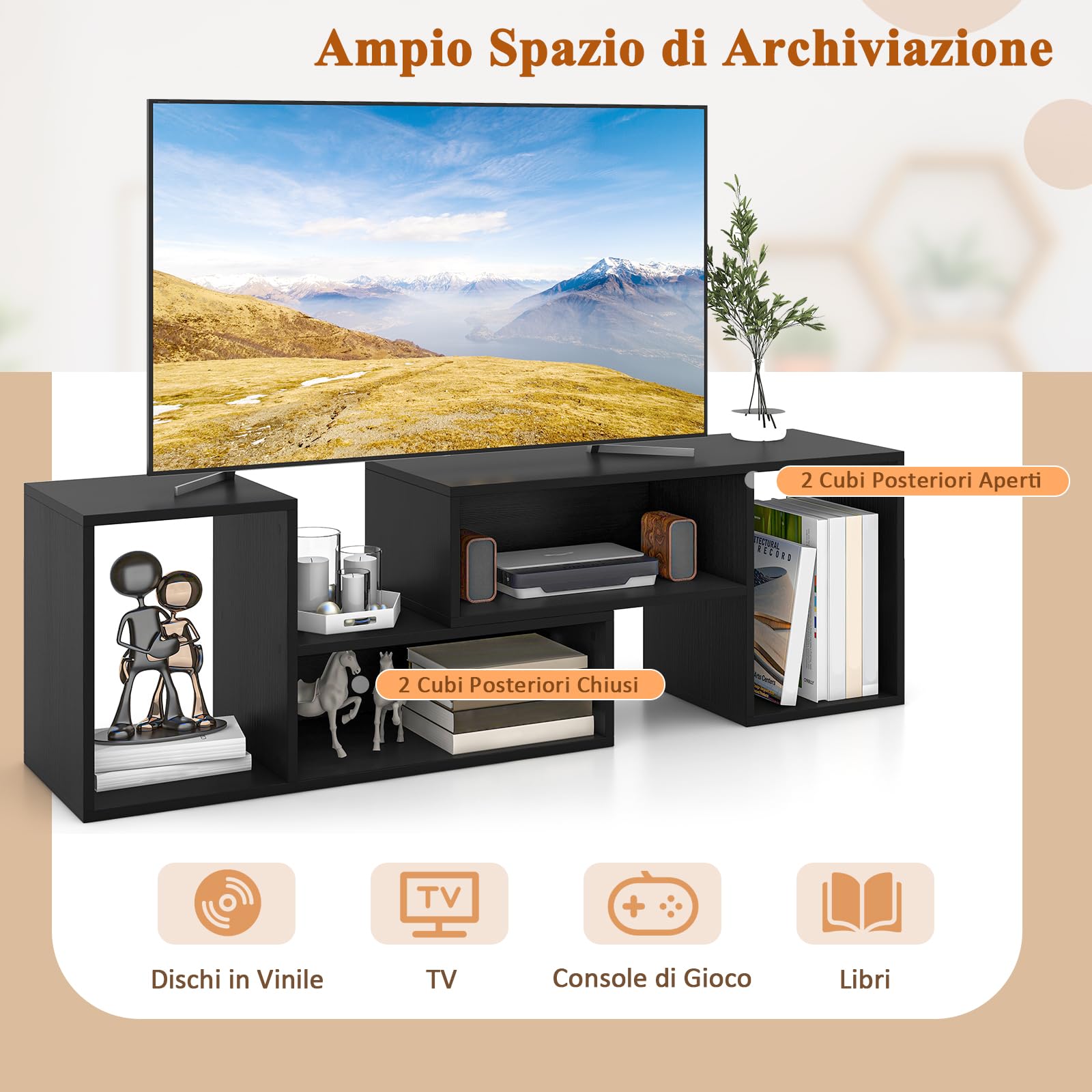 GYMAX Mobile TV Console da 32-60 Pollici Convertibile, 135 x 30 x 40 cm, Estensione e Rotazione Libera, Mobile Multimediale Porta TV, Cubi Aperti, Carico 50 kg, Soggiorno, Camera da Letto (Nero)