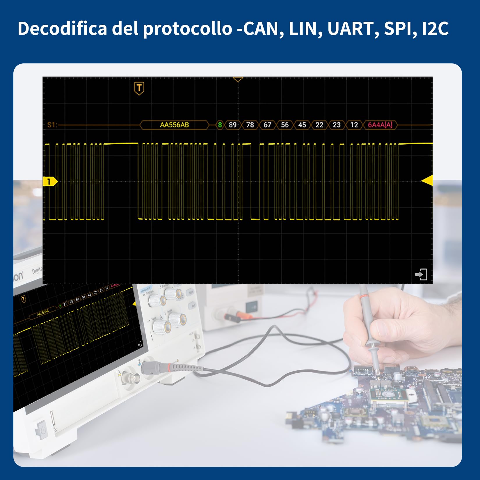 OWON ADS824A Oscilloscopio Digitale 4 Canali 200MHz, Alta Precisione 12 Bit, 700k wfms/s, 50Mpts, Touchscreen, CAN/LIN, FFT, USB-C HDMI, per Laboratorio, Automotive, Didattica