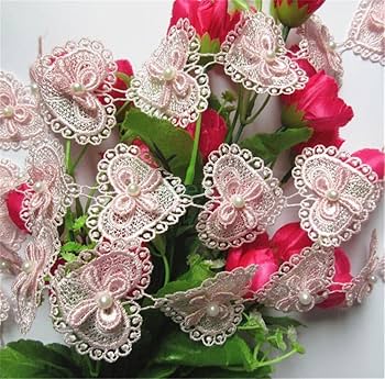 Qiuda 1 Yard Flower Pearl Lace Edge Trim Ribbon 6 Cm Width Vintage Style Pink Edging Trimmings Fabric Embroidered Applique Sewing Craft Wedding Bridal Dress Embellishment DIY Decor Clothes Embroidery