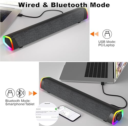 Miniatura 4 de SOULION R30 Plus - Altavoces Bluetooth para computadora, botón de control todo en uno con 6 modos de luces LED, altavoz de PC, barra de sonido