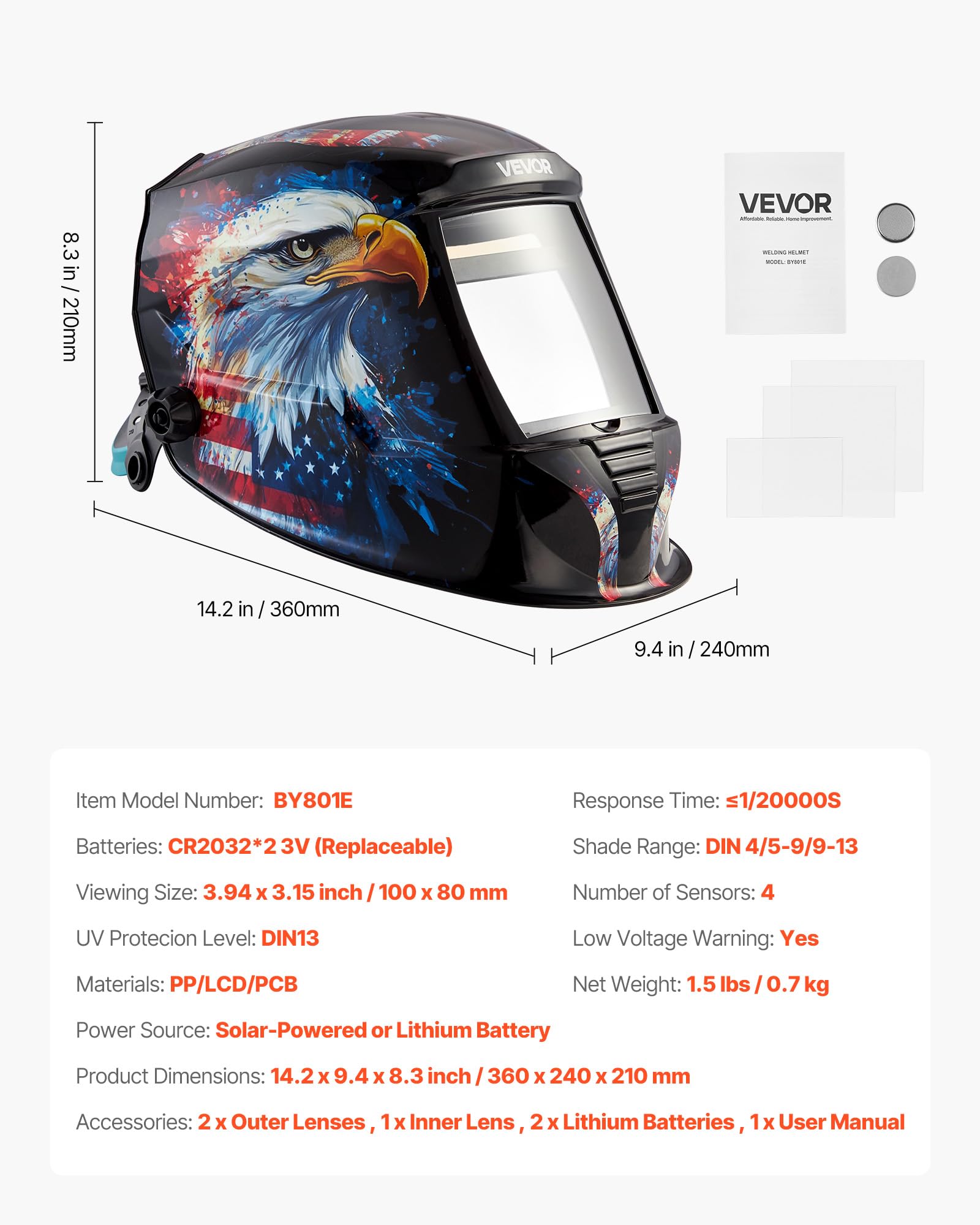 VEVOR Casco de Soldadura con Oscurecimiento Automático Solar, 100 x 80 mm, con 4 Sensores Arco, Tono DIN 4/5-9/9-13, para Soldadura TIG MIG ARC, Esmerilado, Corte, para Proteger la Cara y Ojos