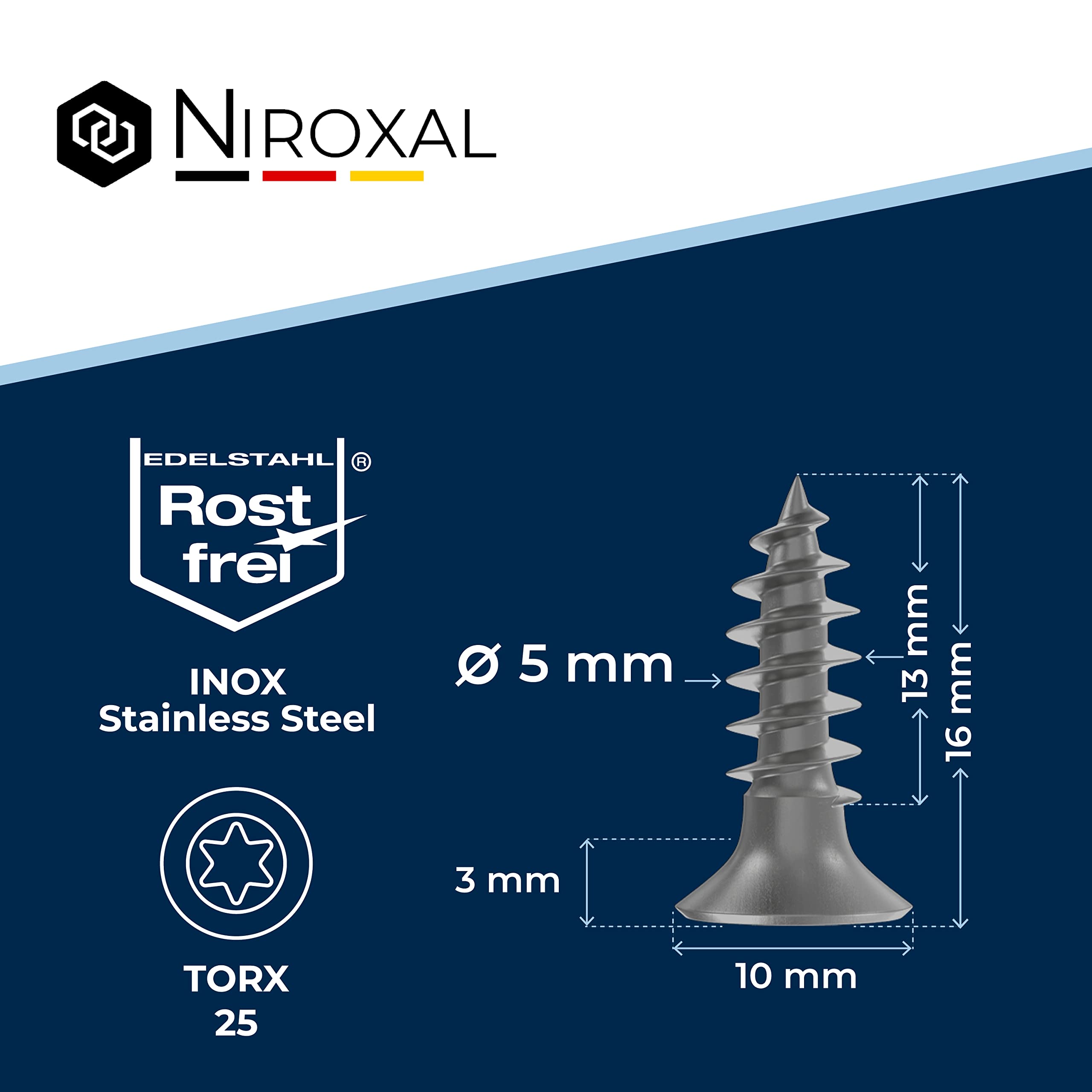 Wood Screws 5x16 mm Stainless Steel 304 Torx Countersunk Head Full Thread Chipboard Screws Pack of 100 NietFullThings - Image 2