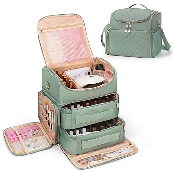 Extra Large Nail Polish Organizer Case Holds 86 to 100+ Bottles Nail Polish & Nail Lamp, Nail Supplies Storage Carrying Bag with 2 Removable Pouches, Portable Nail Tech Travel Box Green, 86 Slots
